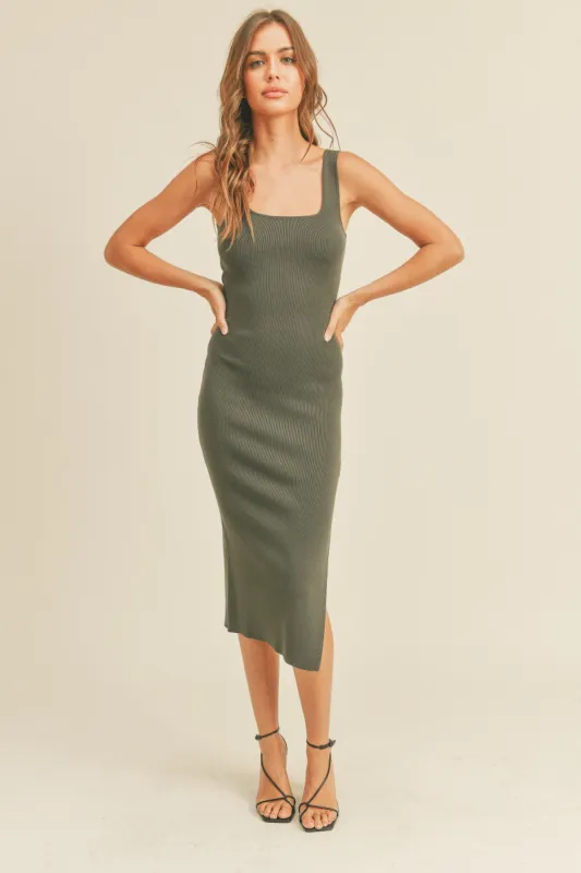 Olive Knit Fitted Midi Dress sold by Pinkblush