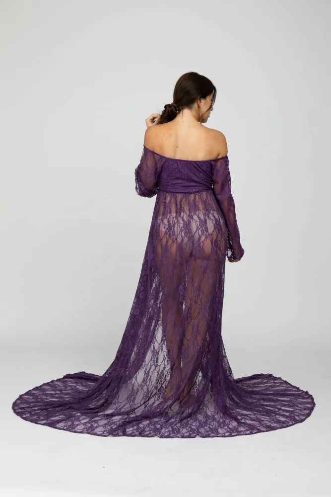 PinkBlush Plum Lace Off Shoulder Maternity Photoshoot Gown/Dress sold by Pinkblush product image thumbnail 4