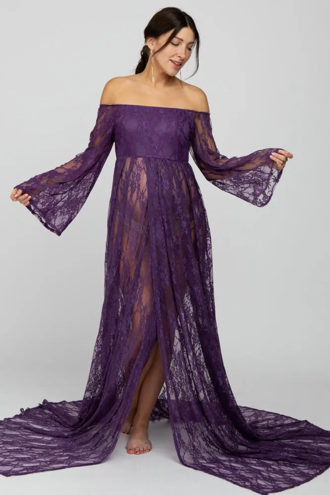 PinkBlush Plum Lace Off Shoulder Maternity Photoshoot Gown/Dress sold by Pinkblush