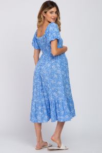 Blue Floral Crochet Accent Maternity Midi Dress sold by Pinkblush