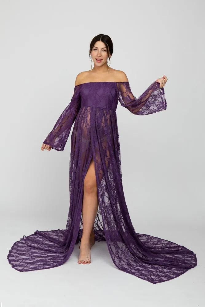 PinkBlush Plum Lace Off Shoulder Maternity Photoshoot Gown/Dress sold by Pinkblush product image thumbnail 2