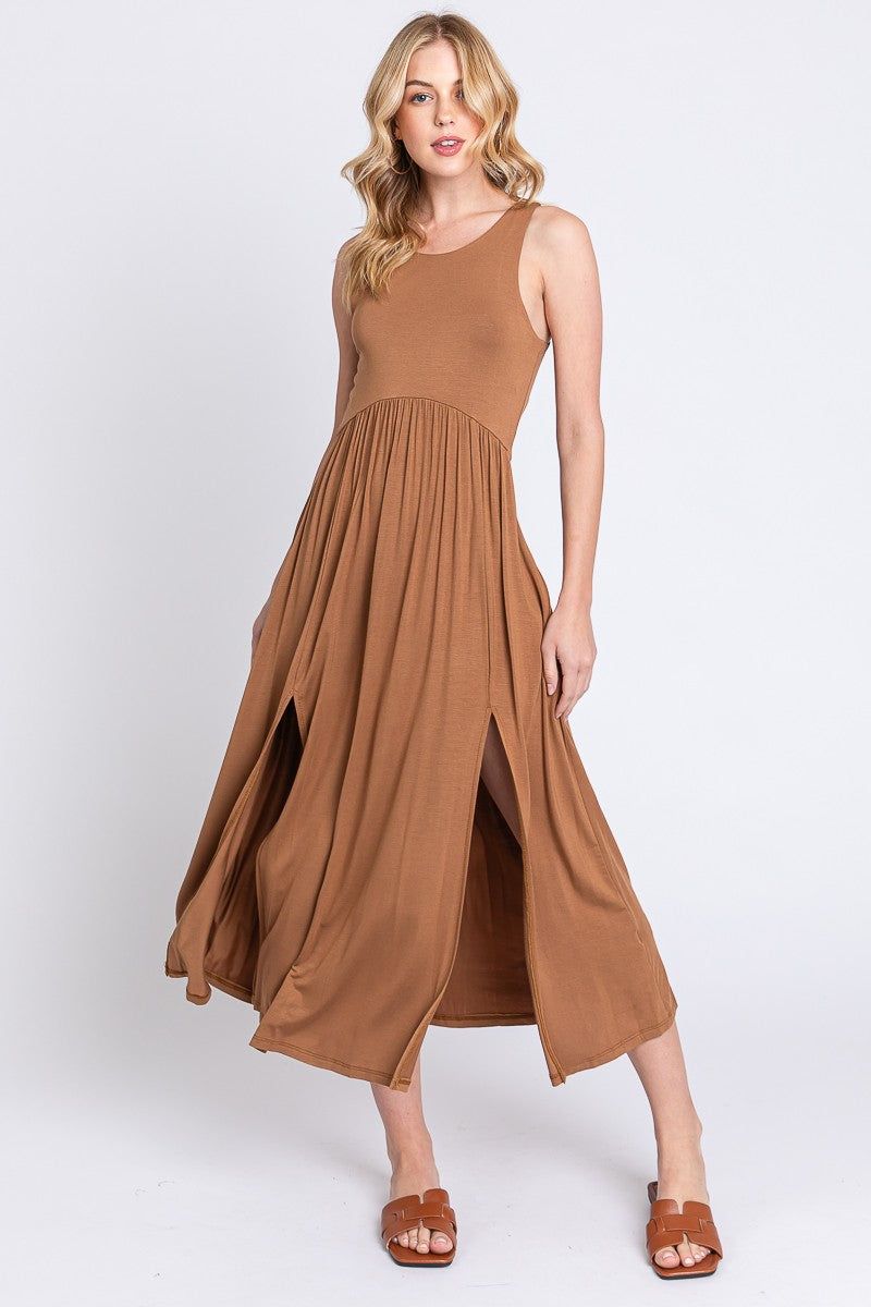 Amber Brown Sleeveless Slitted Dress sold by Pinkblush