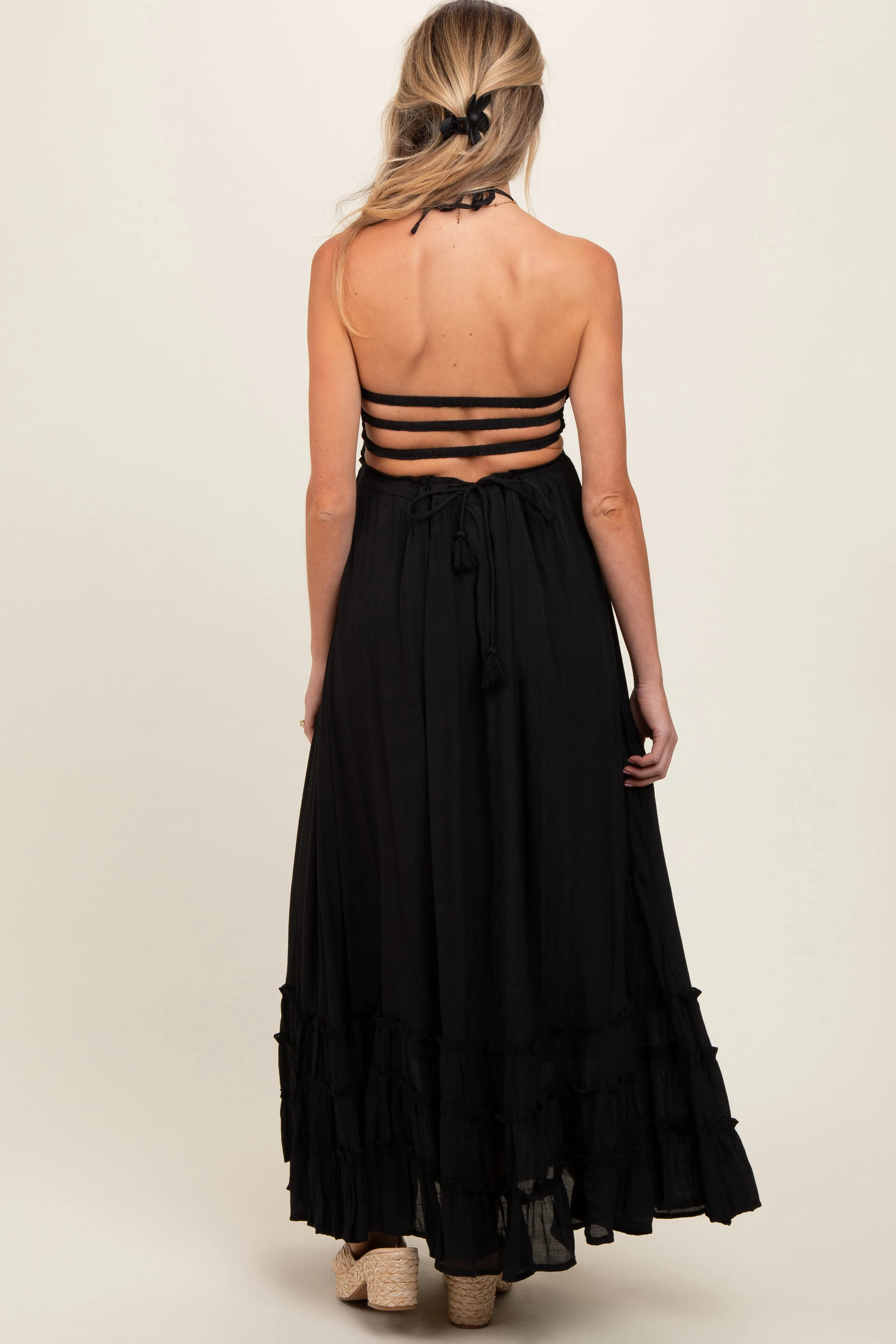Black Smocked Halter Cutout Maternity Maxi Dress sold by Pinkblush product image thumbnail 4