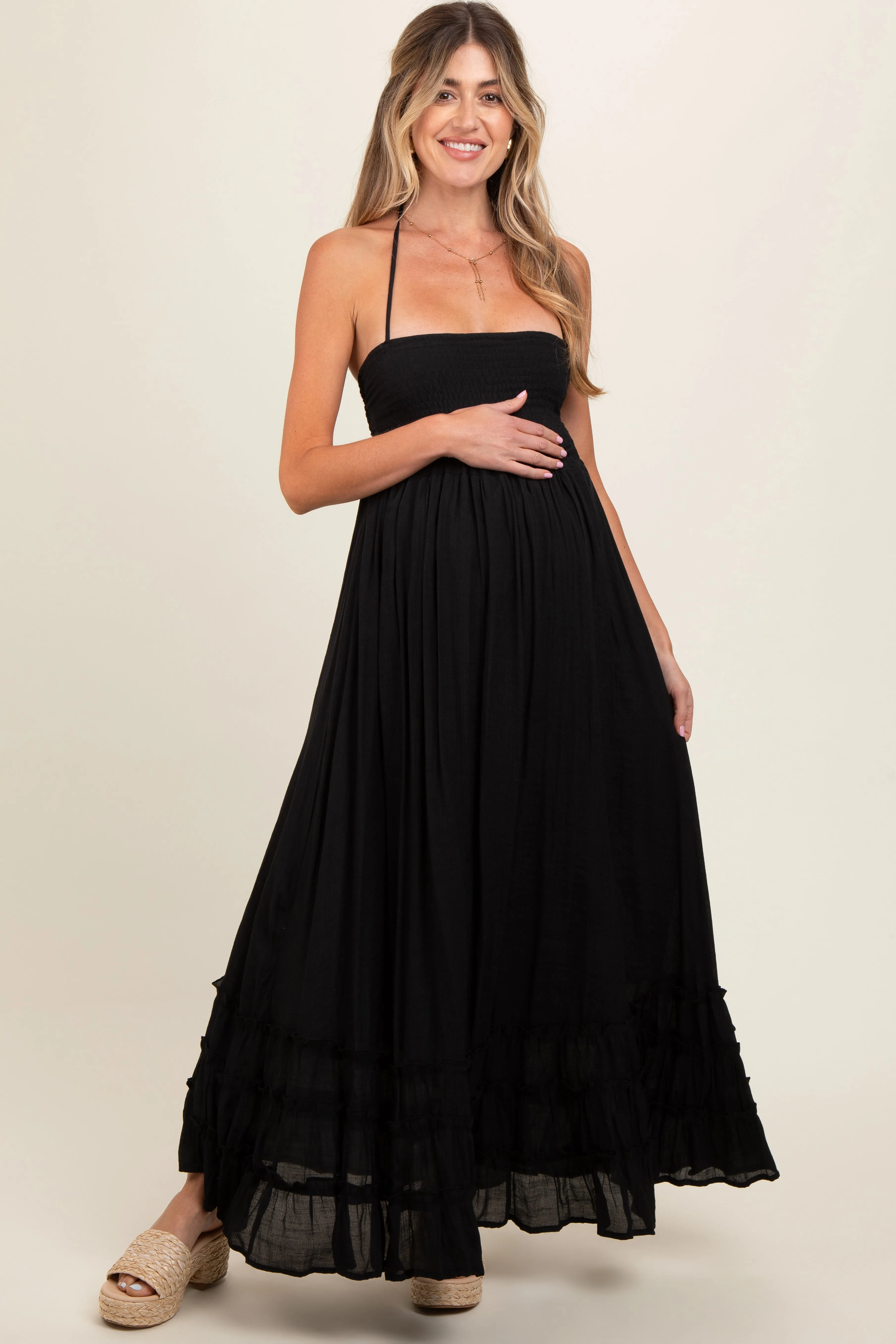Black Smocked Halter Cutout Maternity Maxi Dress sold by Pinkblush