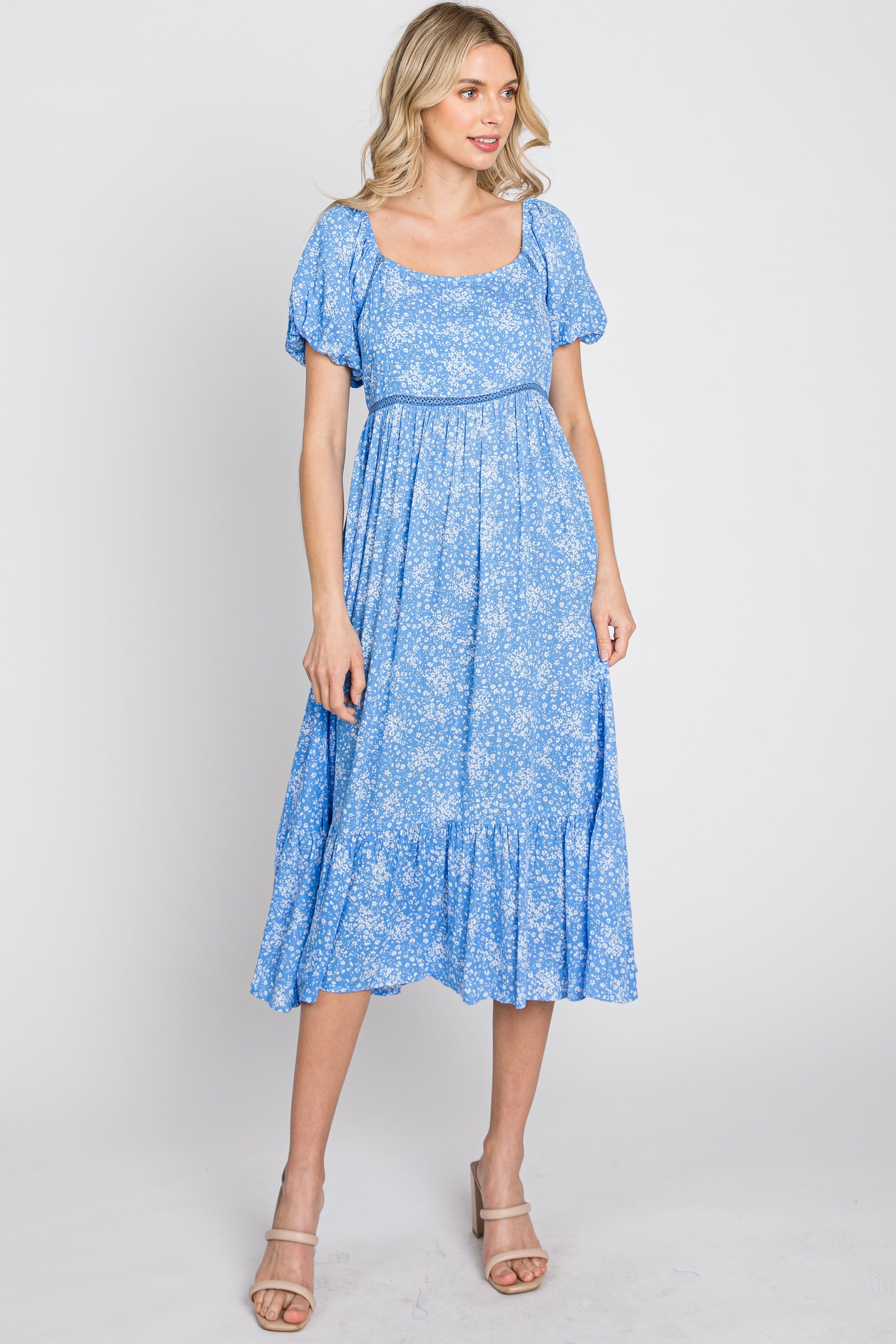 Blue Floral Crochet Accent Maternity Midi Dress sold by Pinkblush product image thumbnail 4