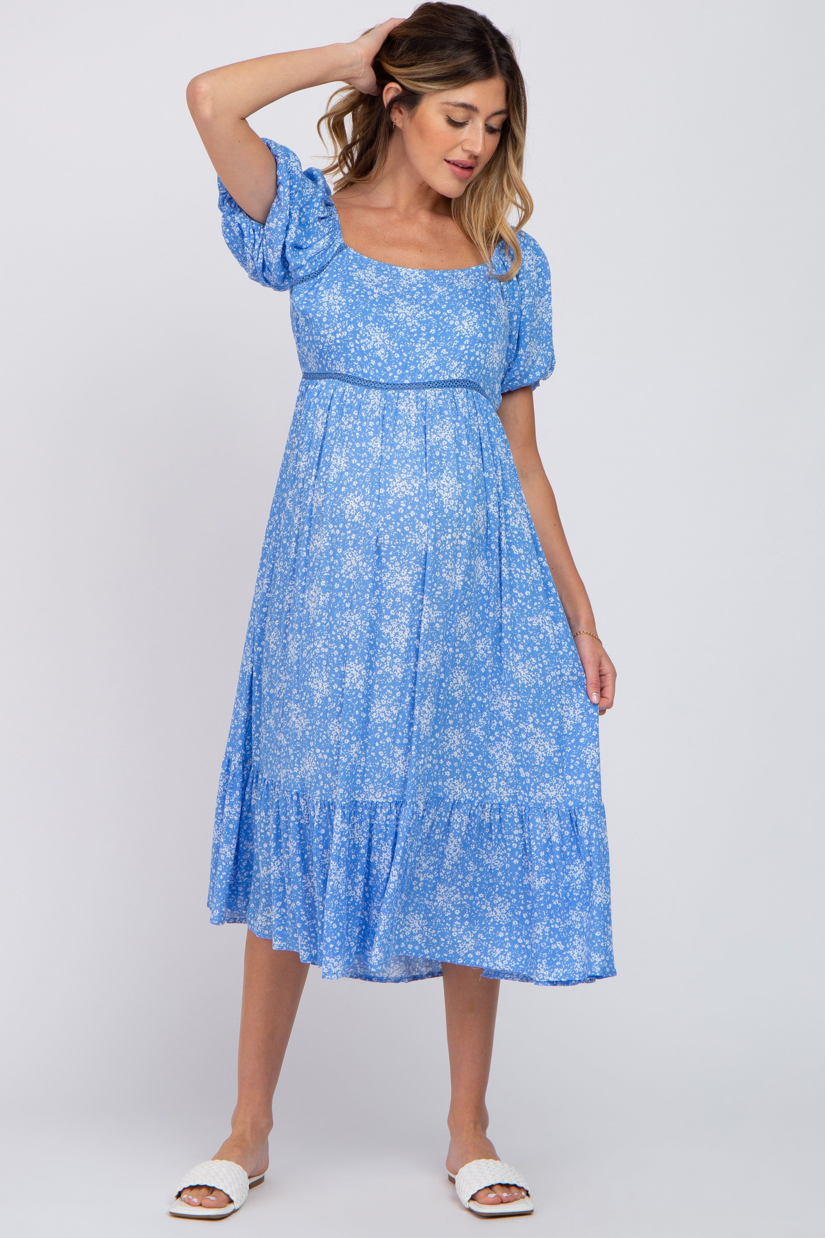 Blue Floral Crochet Accent Maternity Midi Dress sold by Pinkblush