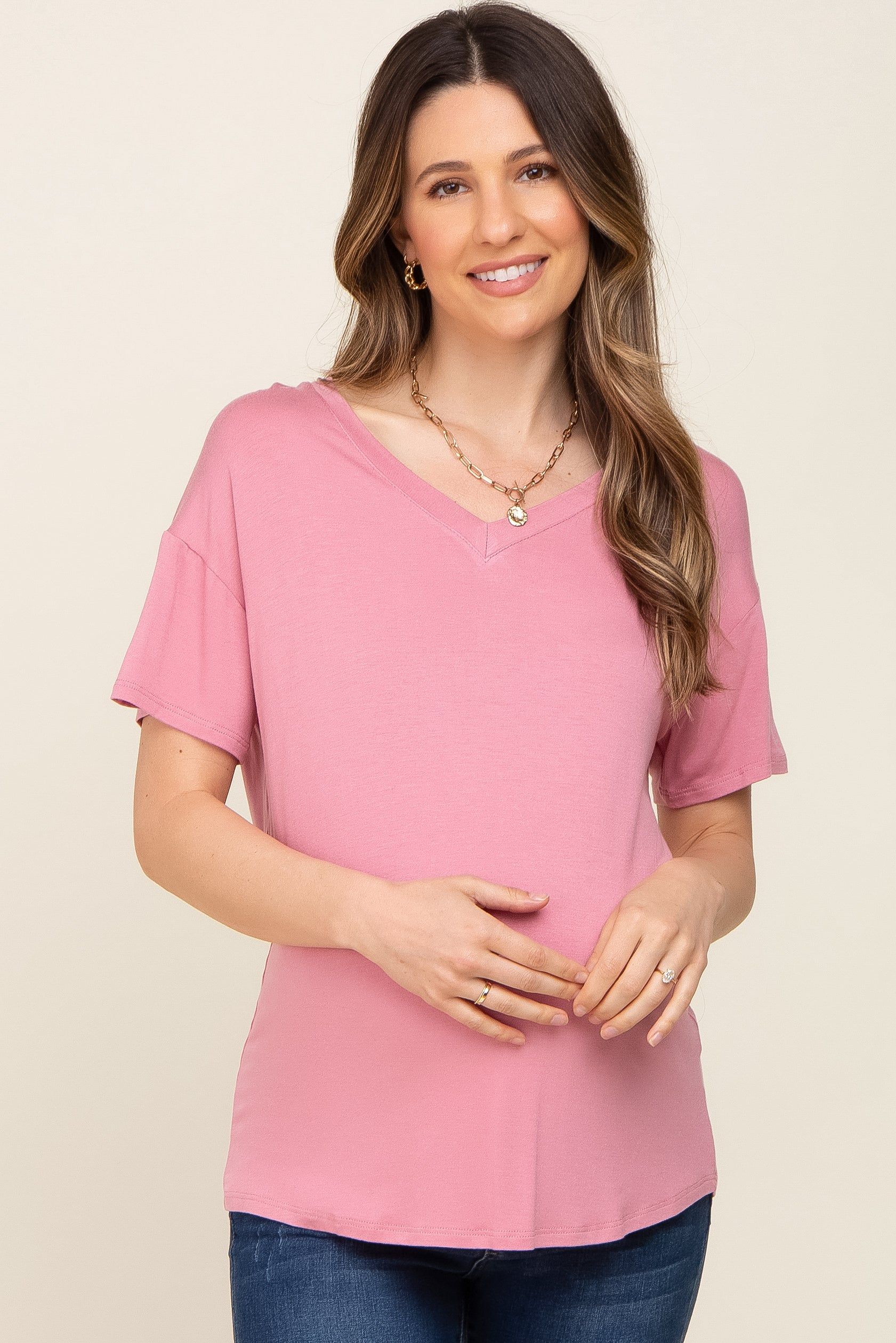 Pink V-Neck Basic Maternity Top sold by Pinkblush
