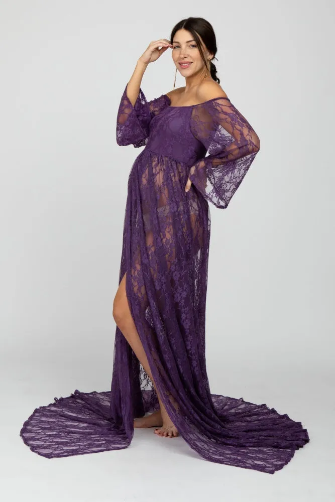 PinkBlush Plum Lace Off Shoulder Maternity Photoshoot Gown/Dress sold by Pinkblush product image thumbnail 3