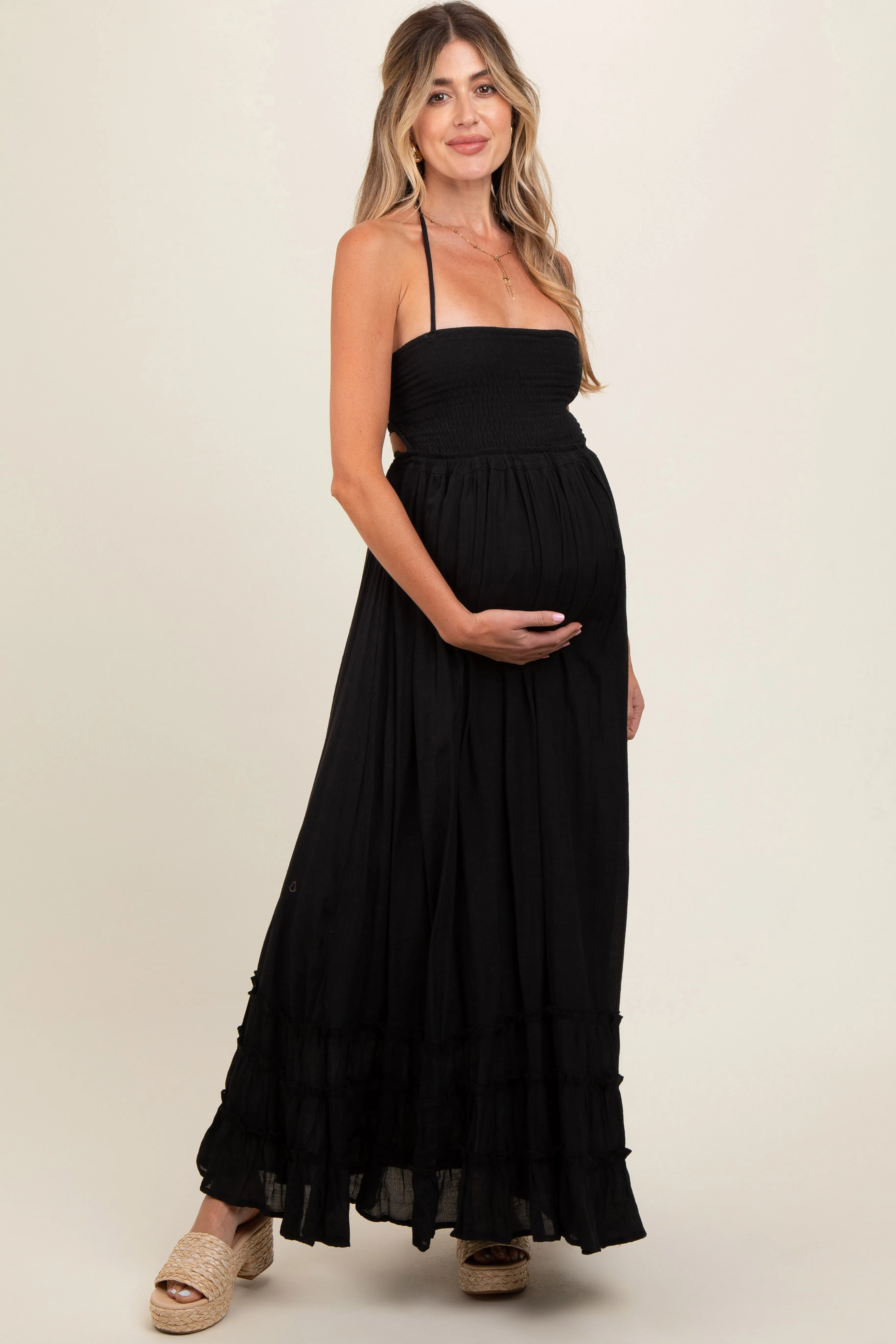Black Smocked Halter Cutout Maternity Maxi Dress sold by Pinkblush product image thumbnail 2