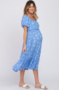 Blue Floral Crochet Accent Maternity Midi Dress sold by Pinkblush
