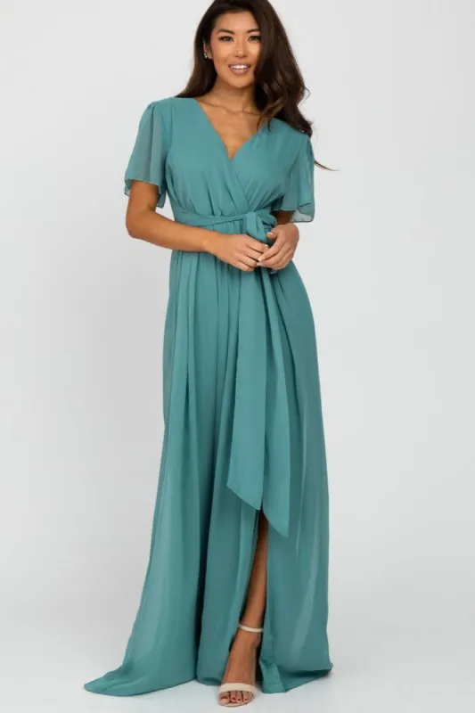 Teal Chiffon Short Sleeve Front Slit Maxi Dress sold by Pinkblush