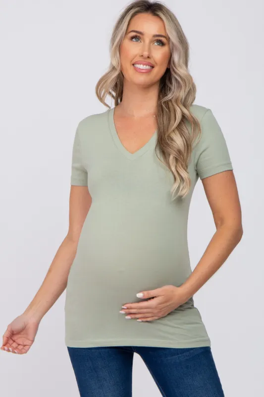 Light Olive V-Neck Short Sleeve Maternity Top sold by Pinkblush