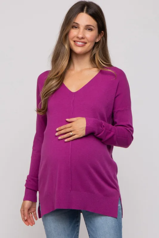 Magenta Long Sleeve Side Slit Maternity Sweater sold by Pinkblush