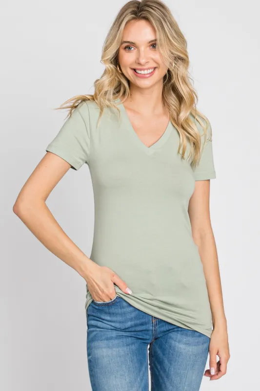 Light Olive V-Neck Short Sleeve Top sold by Pinkblush