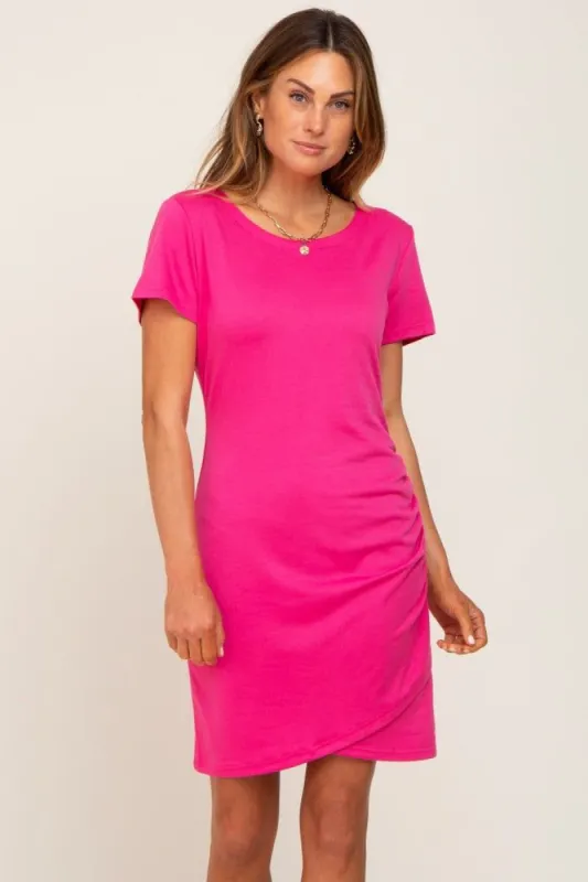 Fuchsia Short Sleeve Ruched Dress sold by Pinkblush