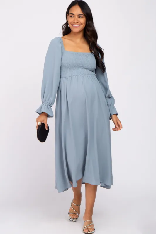 Light Blue Smocked Square Neck Maternity Midi Dress sold by Pinkblush
