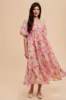 Pink Floral Square Neck Short Puff Sleeve Lace-Up Back Midi Dress sold by Pinkblush