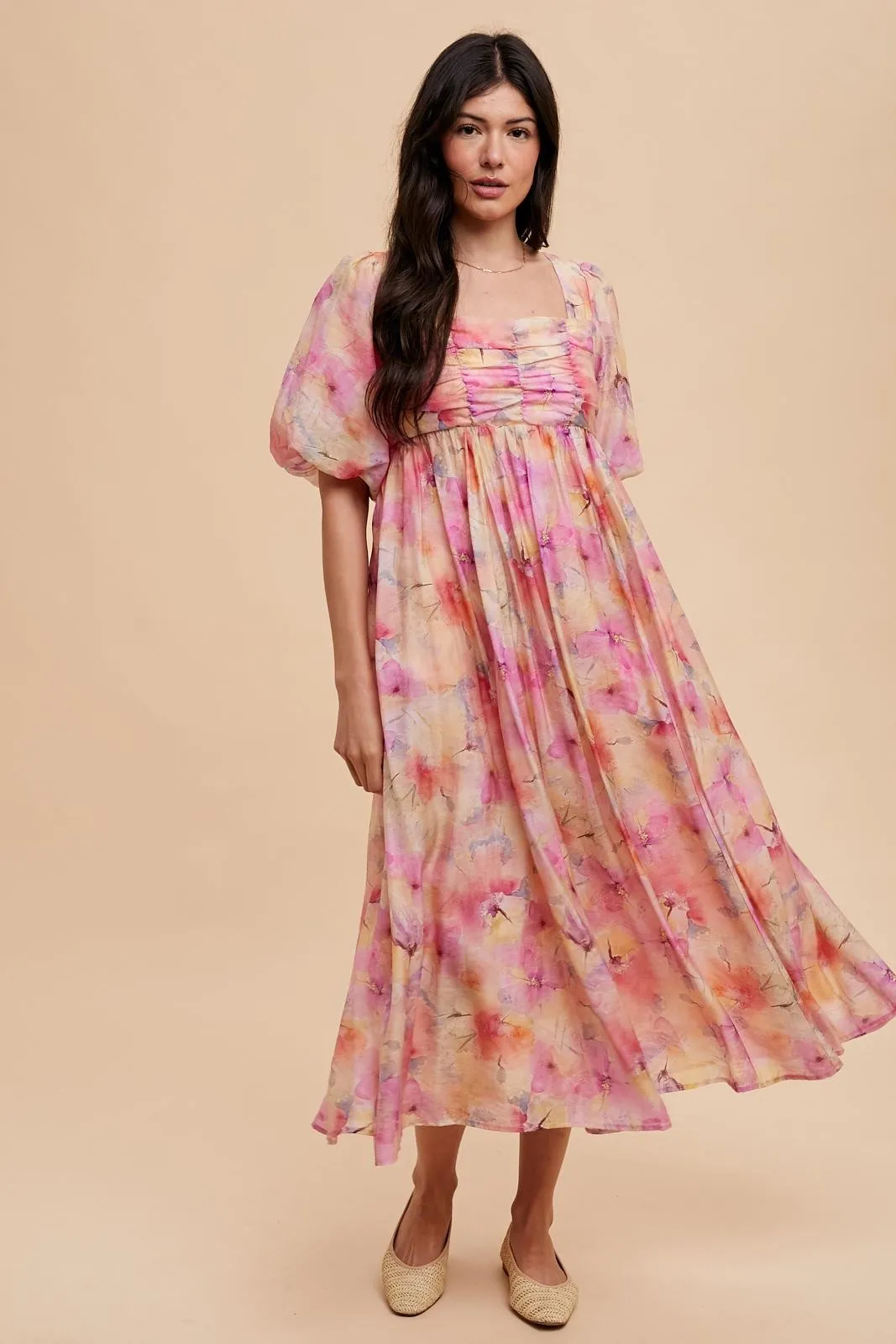 Pink Floral Square Neck Short Puff Sleeve Lace-Up Back Midi Dress sold by Pinkblush product image thumbnail 2