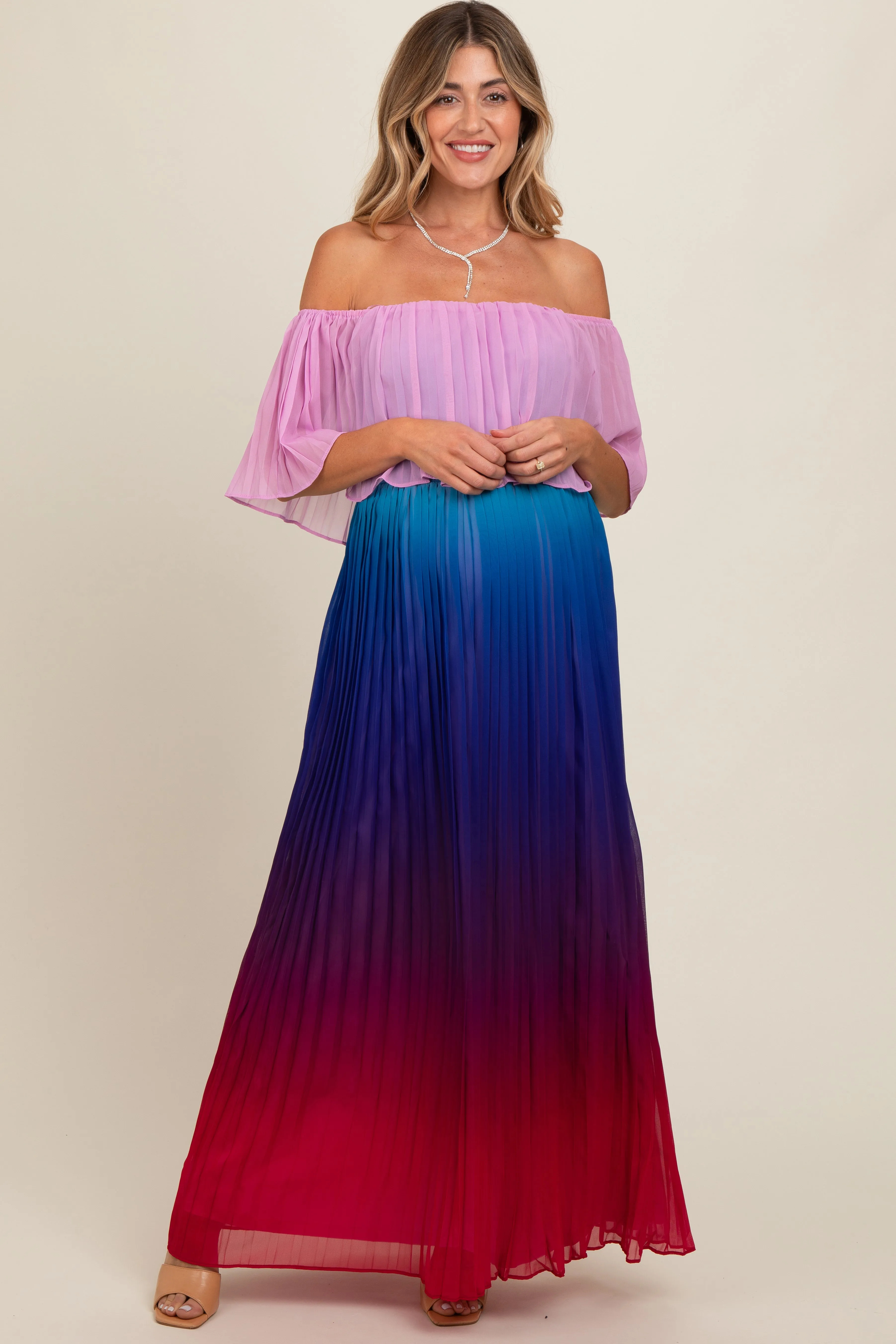 Multicolor Off Shoulder Pleated Maternity Maxi Dress sold by Pinkblush