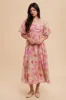 Pink Floral Square Neck Short Puff Sleeve Lace-Up Back Midi Dress sold by Pinkblush