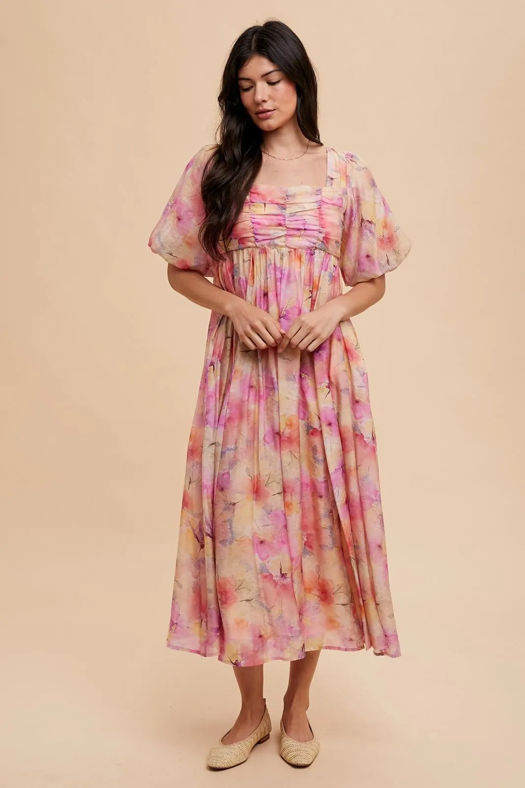 Pink Floral Square Neck Short Puff Sleeve Lace-Up Back Midi Dress sold by Pinkblush product image thumbnail 3