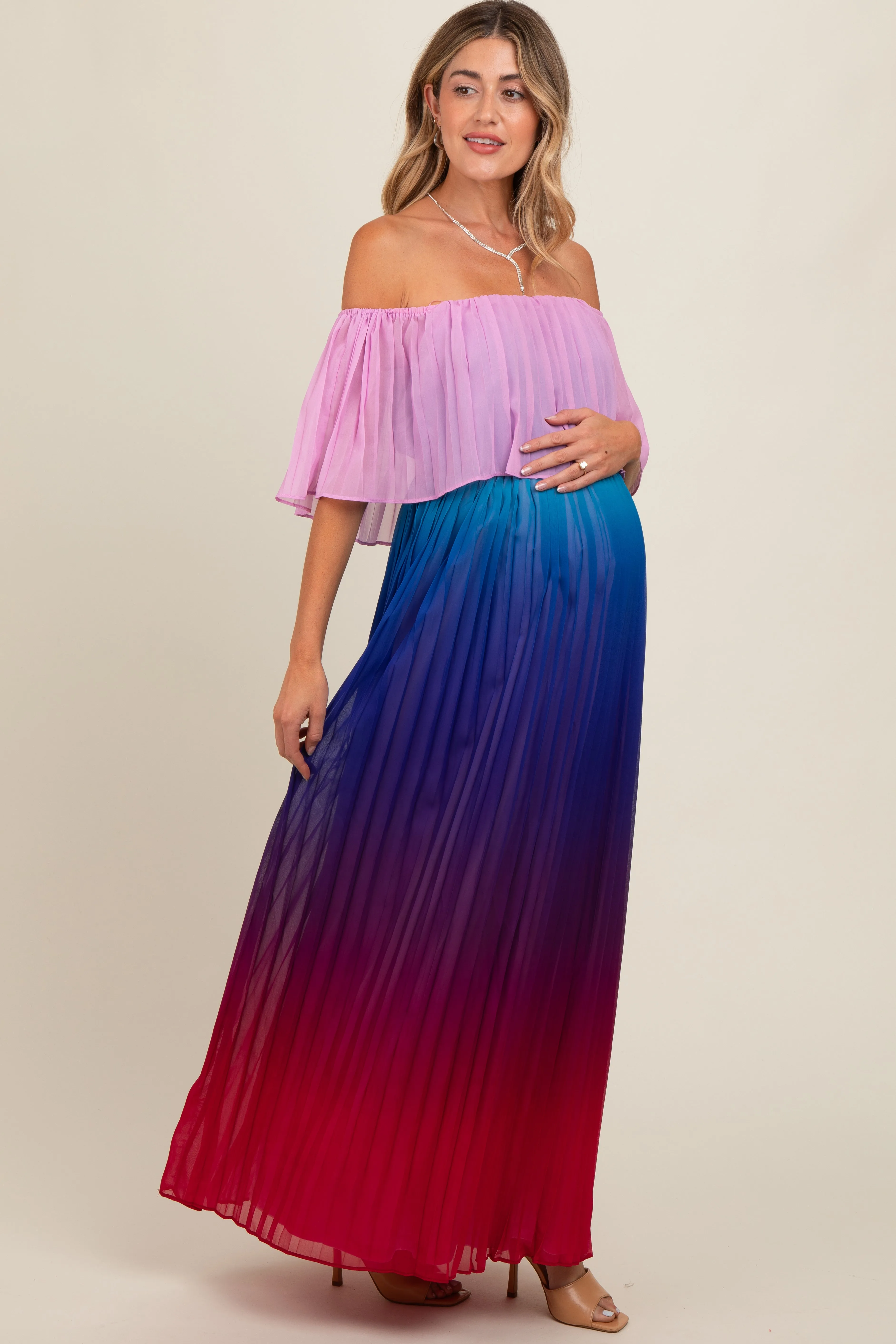 Multicolor Off Shoulder Pleated Maternity Maxi Dress sold by Pinkblush product image thumbnail 2