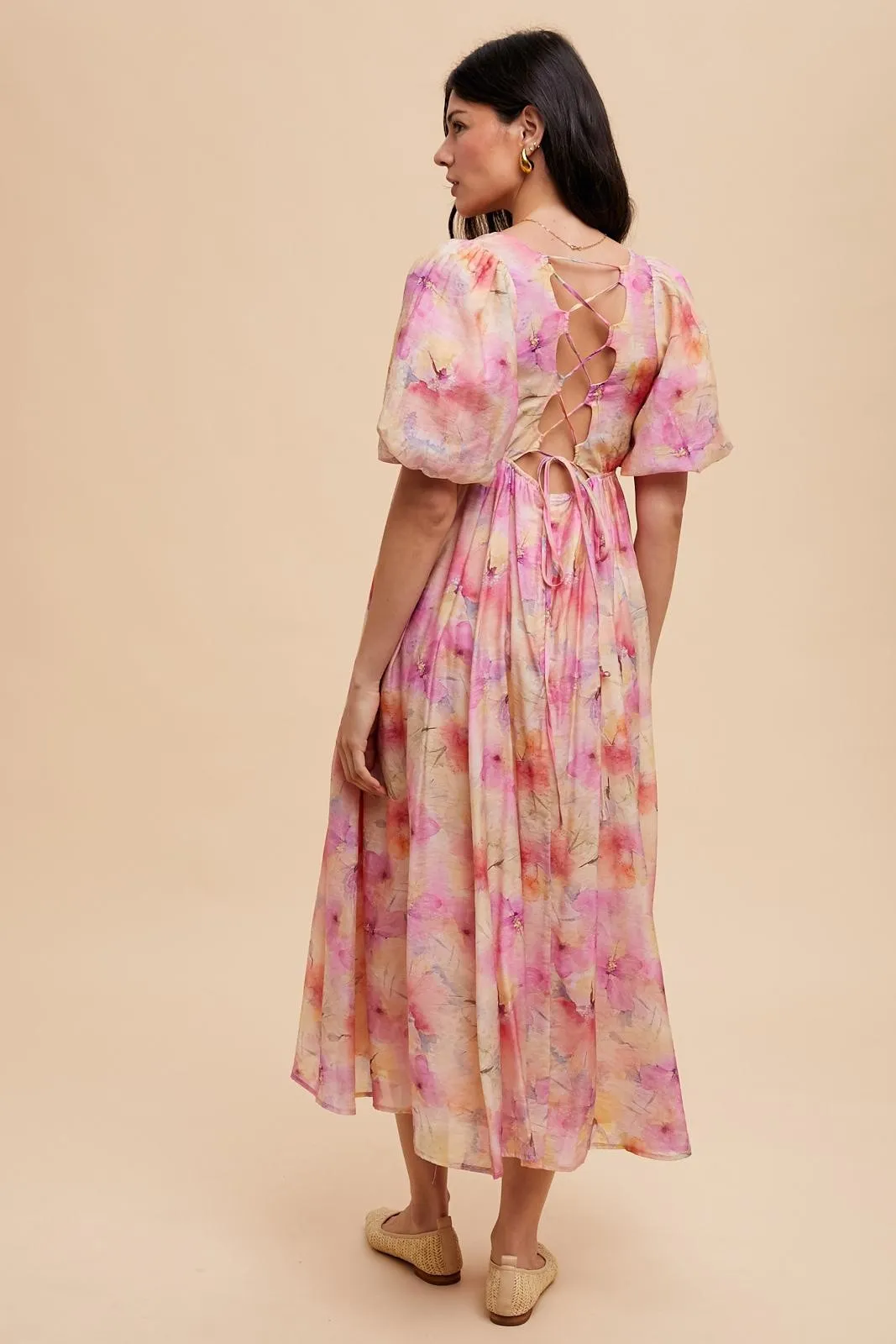 Pink Floral Square Neck Short Puff Sleeve Lace-Up Back Midi Dress sold by Pinkblush product image thumbnail 4