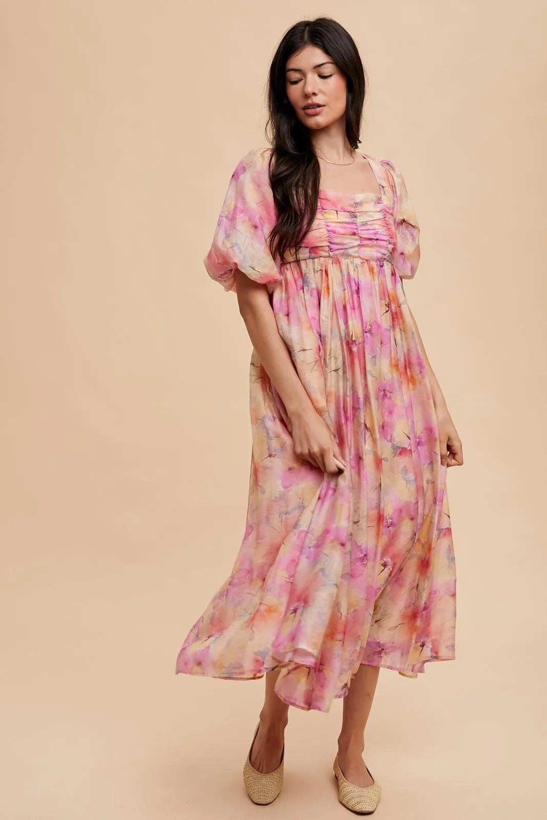 Pink Floral Square Neck Short Puff Sleeve Lace-Up Back Midi Dress sold by Pinkblush