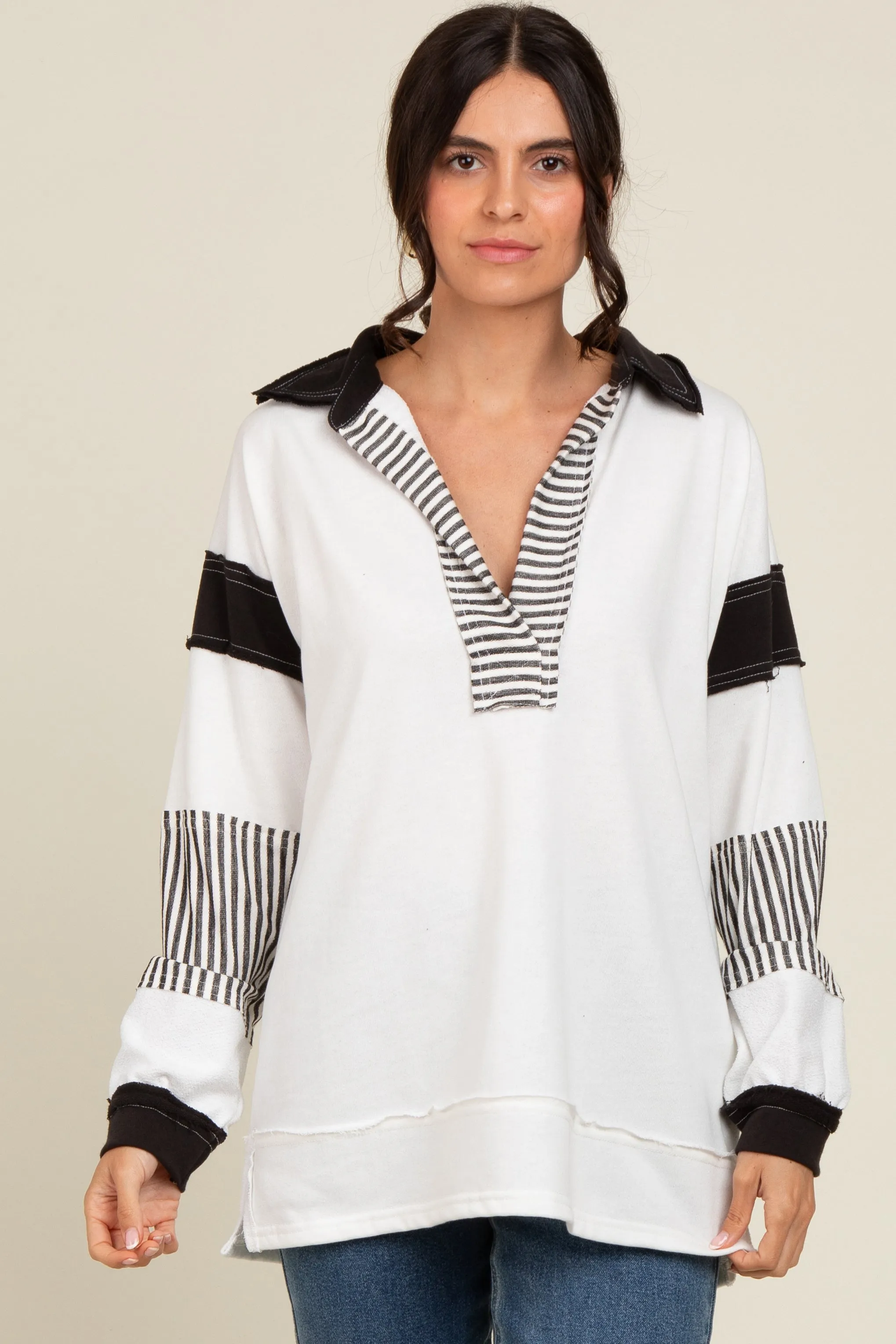 Ivory Striped Colorblock Collared Maternity Pullover Top sold by Pinkblush product image thumbnail 5