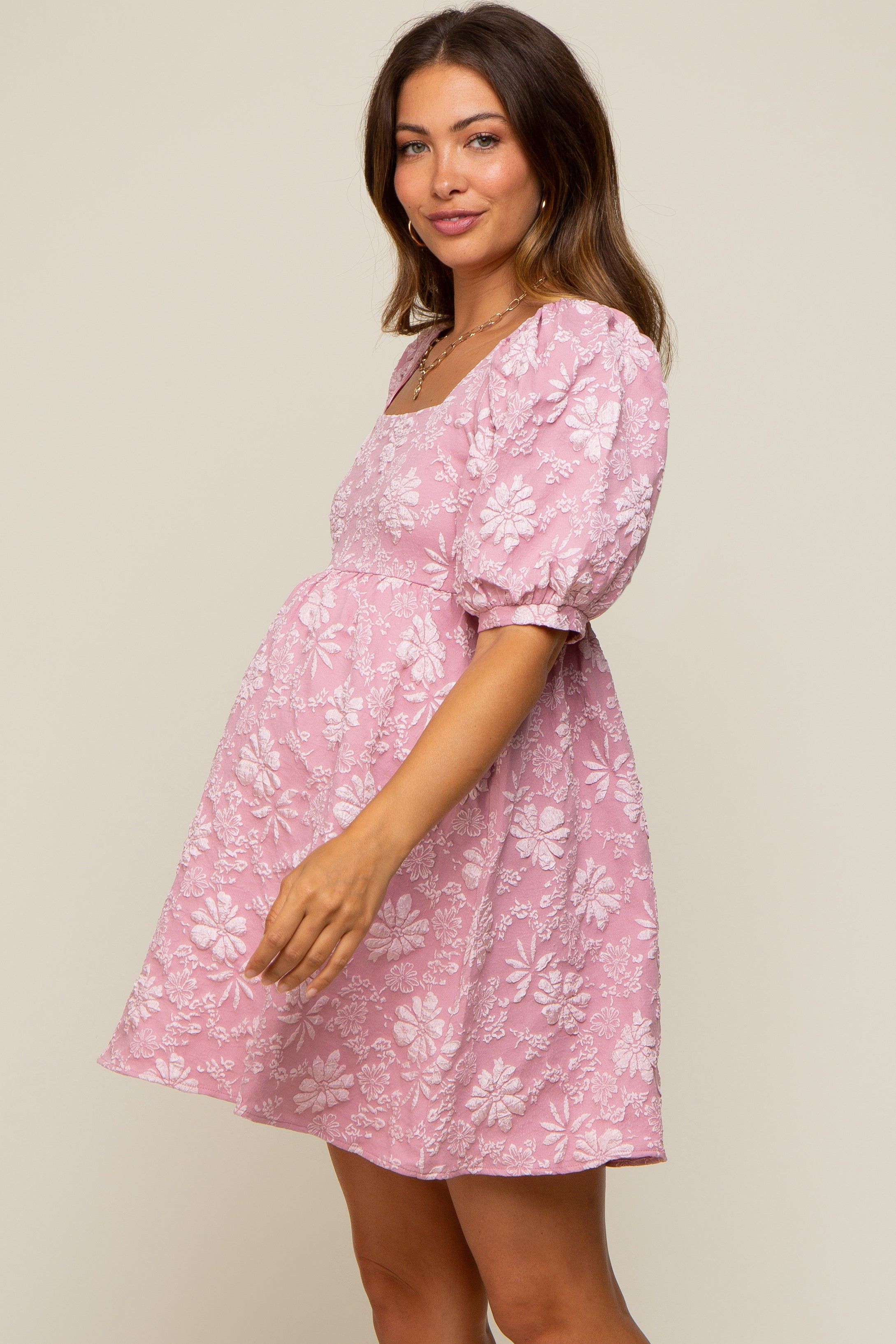 Pink Floral Textured Square Neck Maternity Babydoll Dress sold by Pinkblush product image thumbnail 2