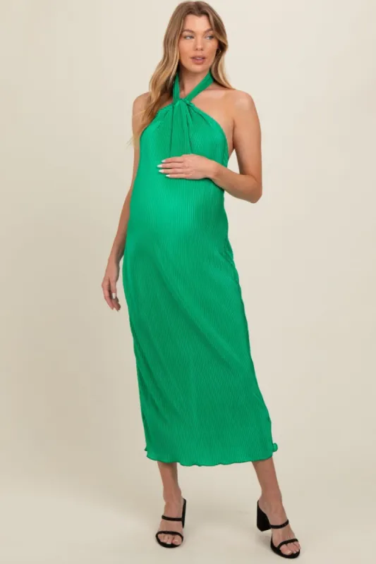 Green Knot Front Plisse Halter Maternity Midi Dress sold by Pinkblush