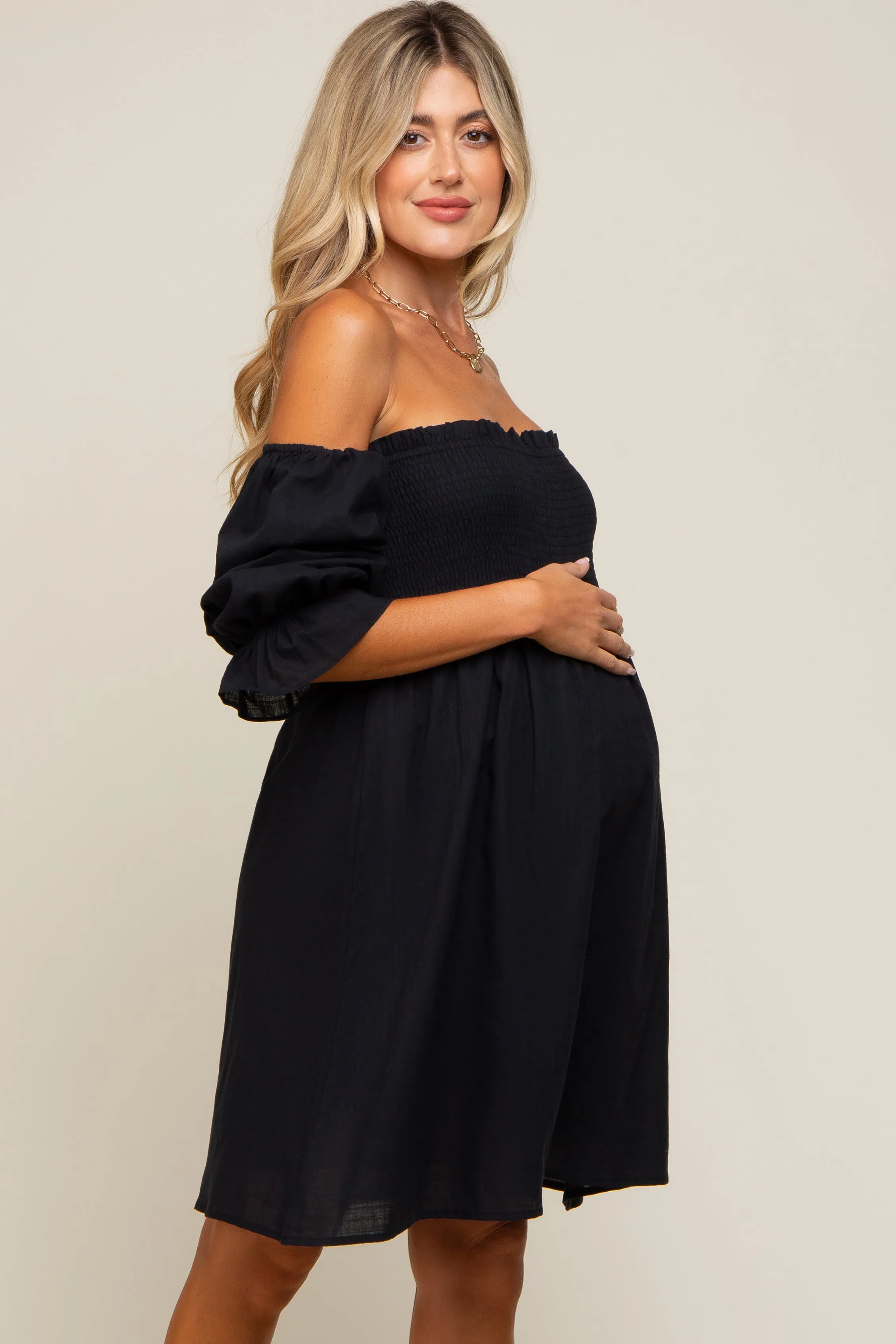 Black Smocked Off Shoulder Long Sleeve Maternity Dress sold by Pinkblush product image thumbnail 2