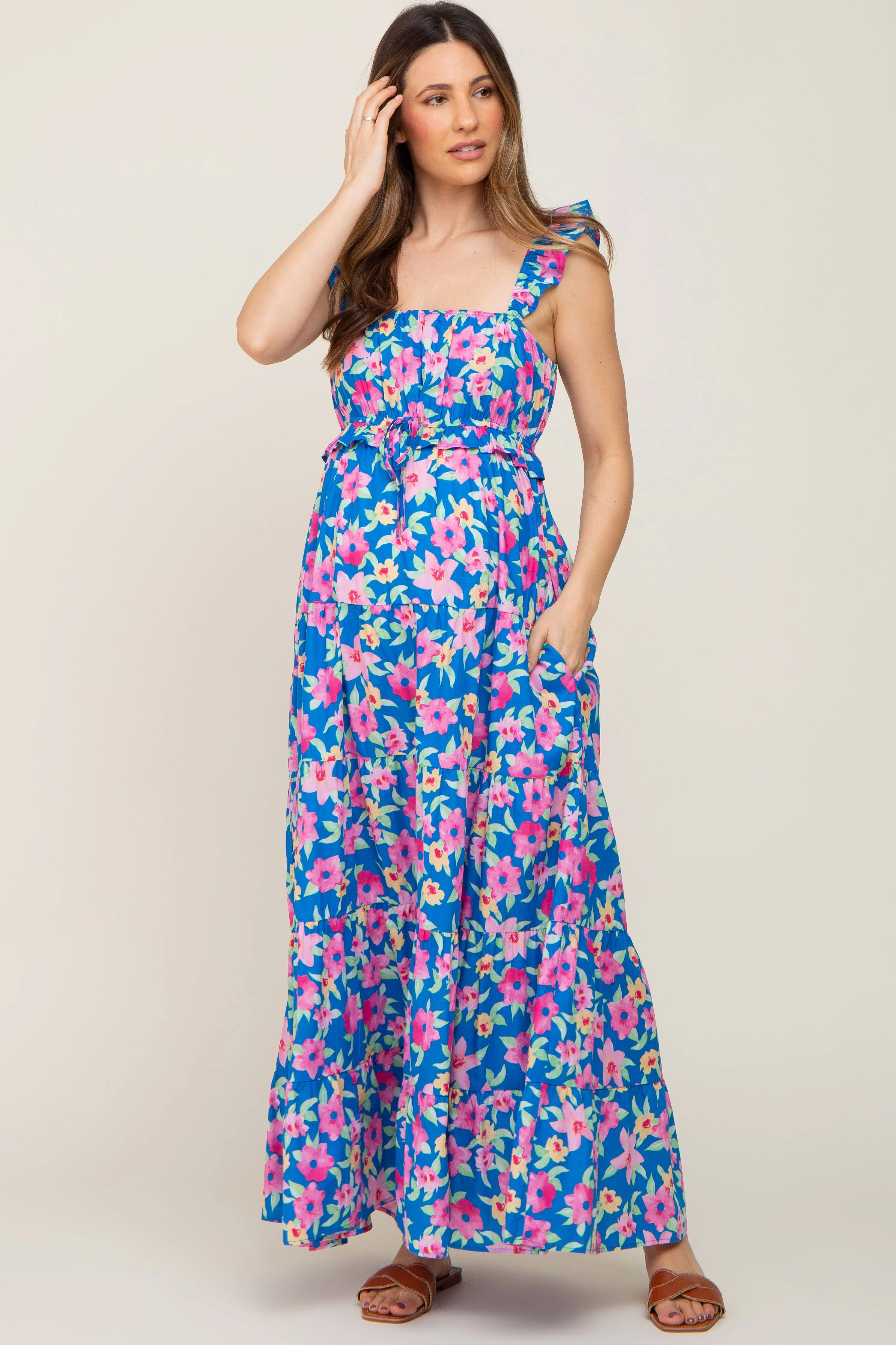 Royal Blue Floral Square Neck Ruffle Tiered Maternity Maxi Dress sold by Pinkblush product image thumbnail 4