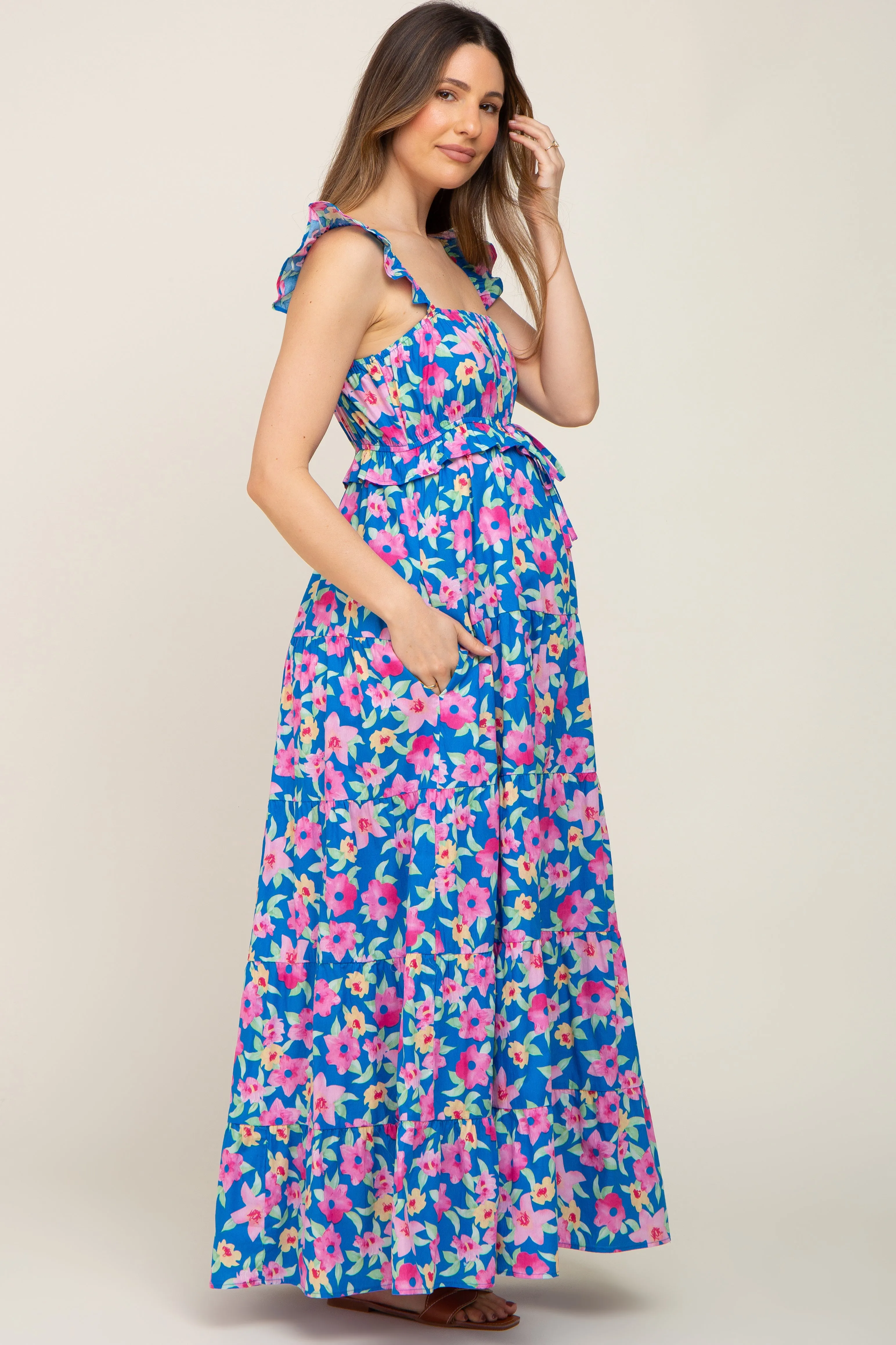 Royal Blue Floral Square Neck Ruffle Tiered Maternity Maxi Dress sold by Pinkblush product image thumbnail 2