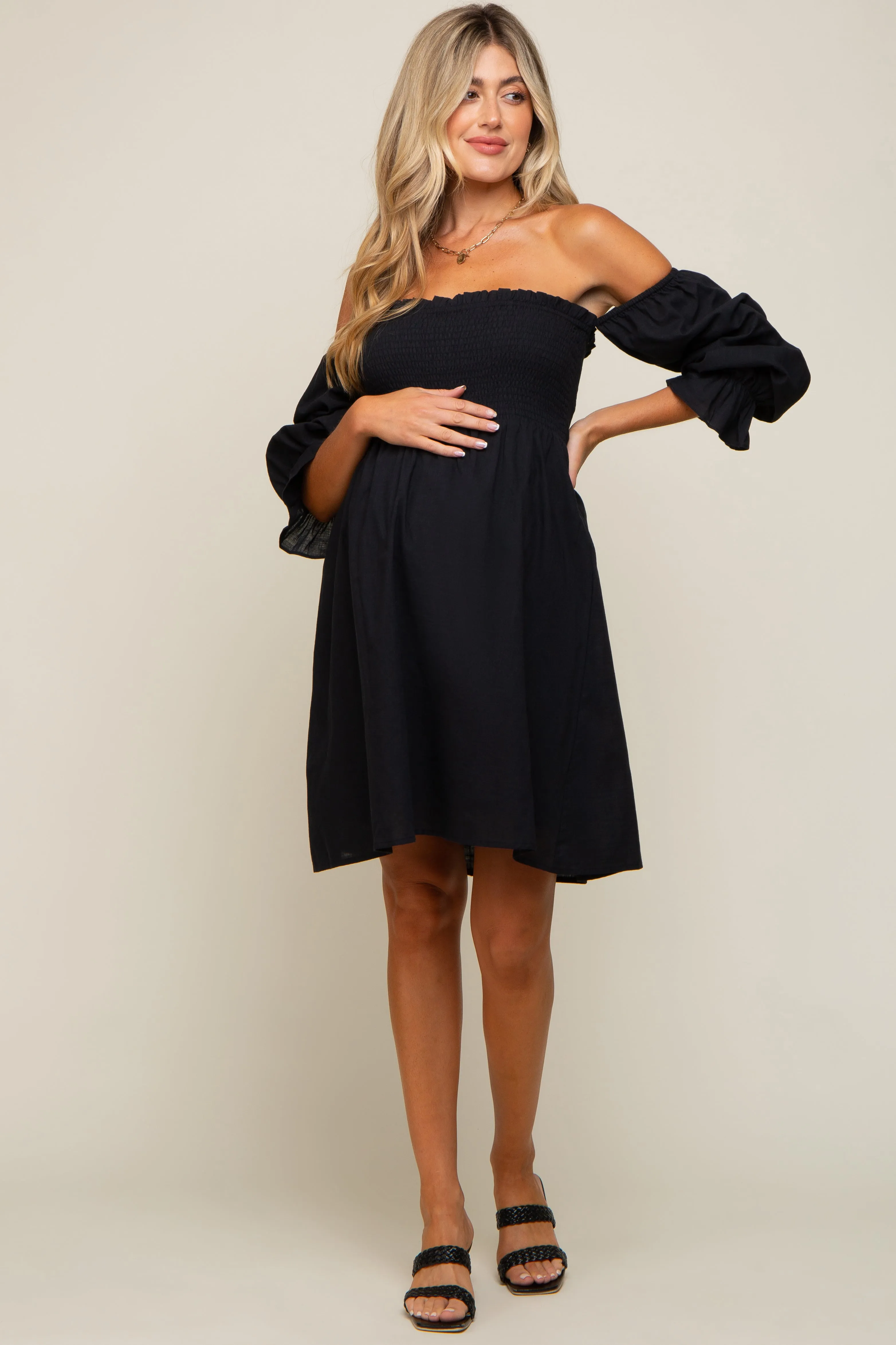 Black Smocked Off Shoulder Long Sleeve Maternity Dress sold by Pinkblush product image thumbnail 4