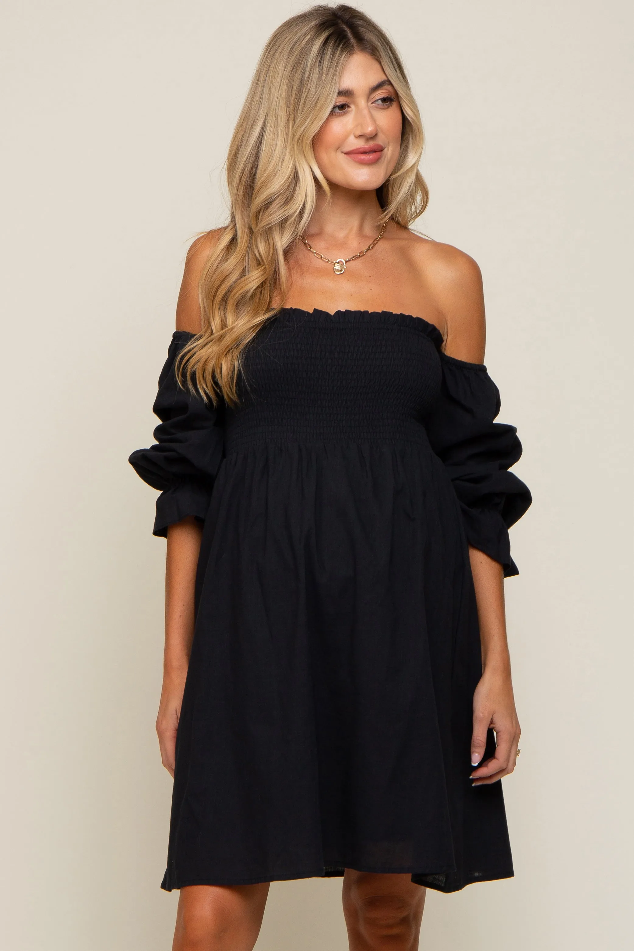 Black Smocked Off Shoulder Long Sleeve Maternity Dress sold by Pinkblush