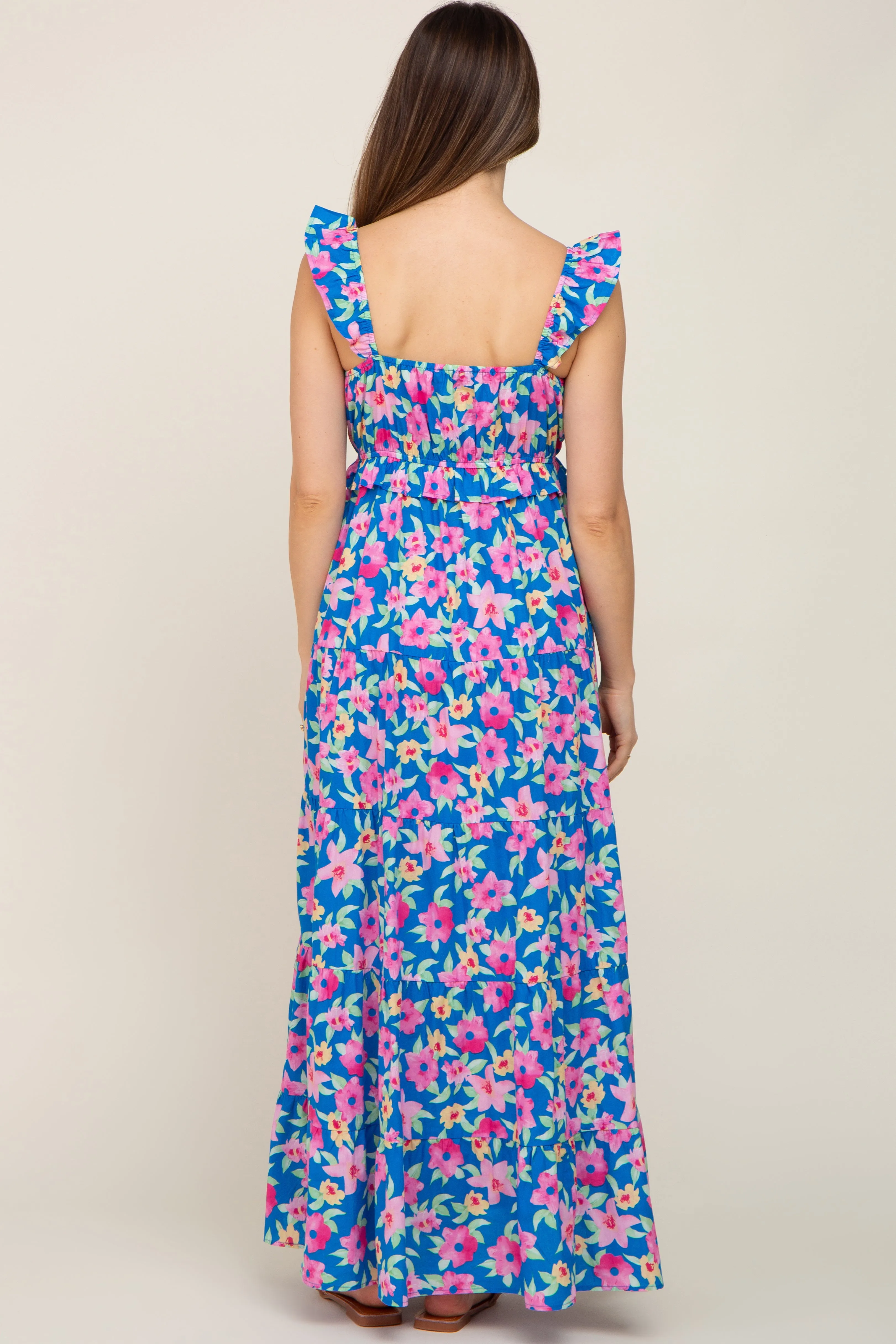 Royal Blue Floral Square Neck Ruffle Tiered Maternity Maxi Dress sold by Pinkblush product image thumbnail 3