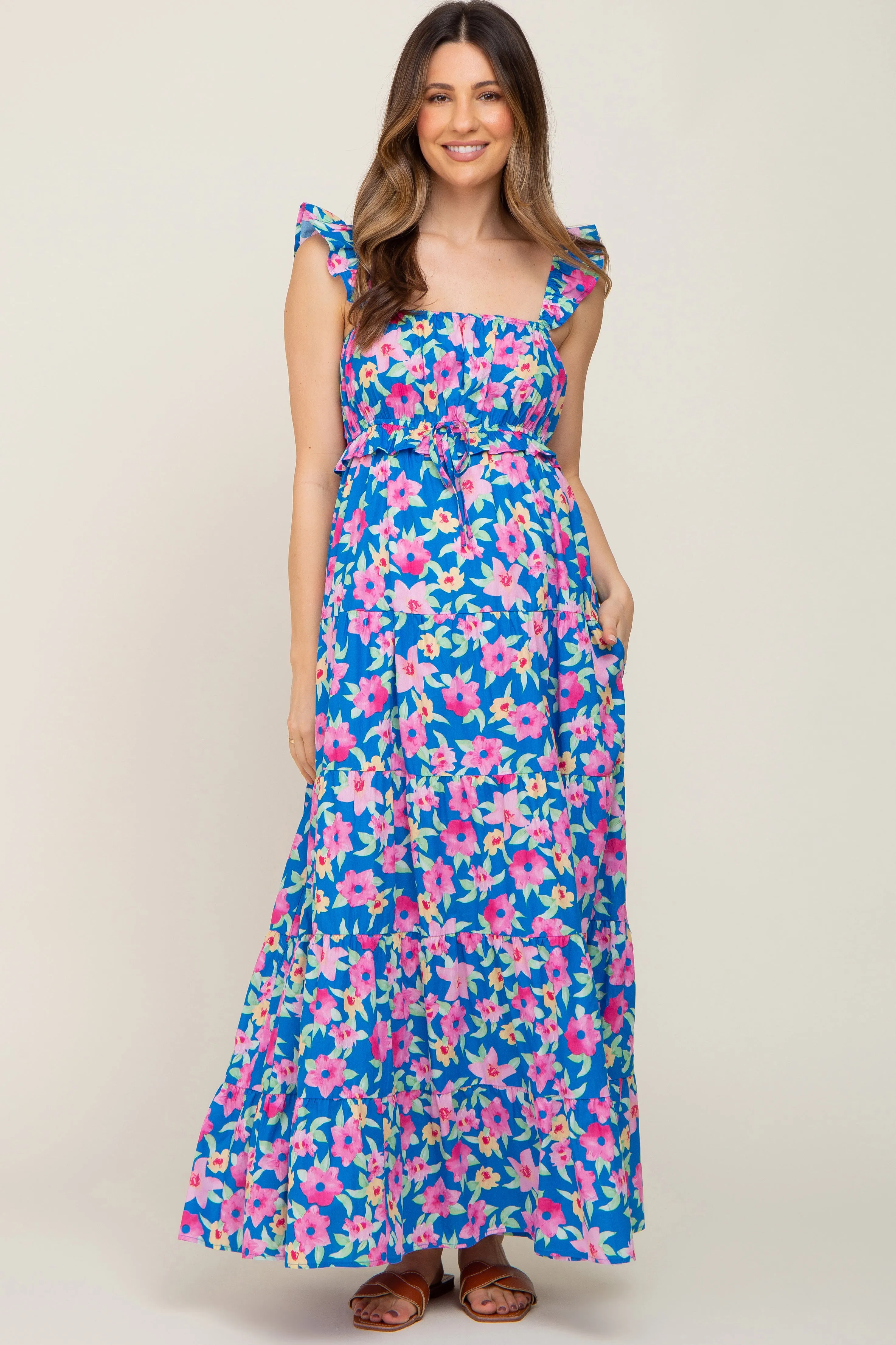 Royal Blue Floral Square Neck Ruffle Tiered Maternity Maxi Dress sold by Pinkblush