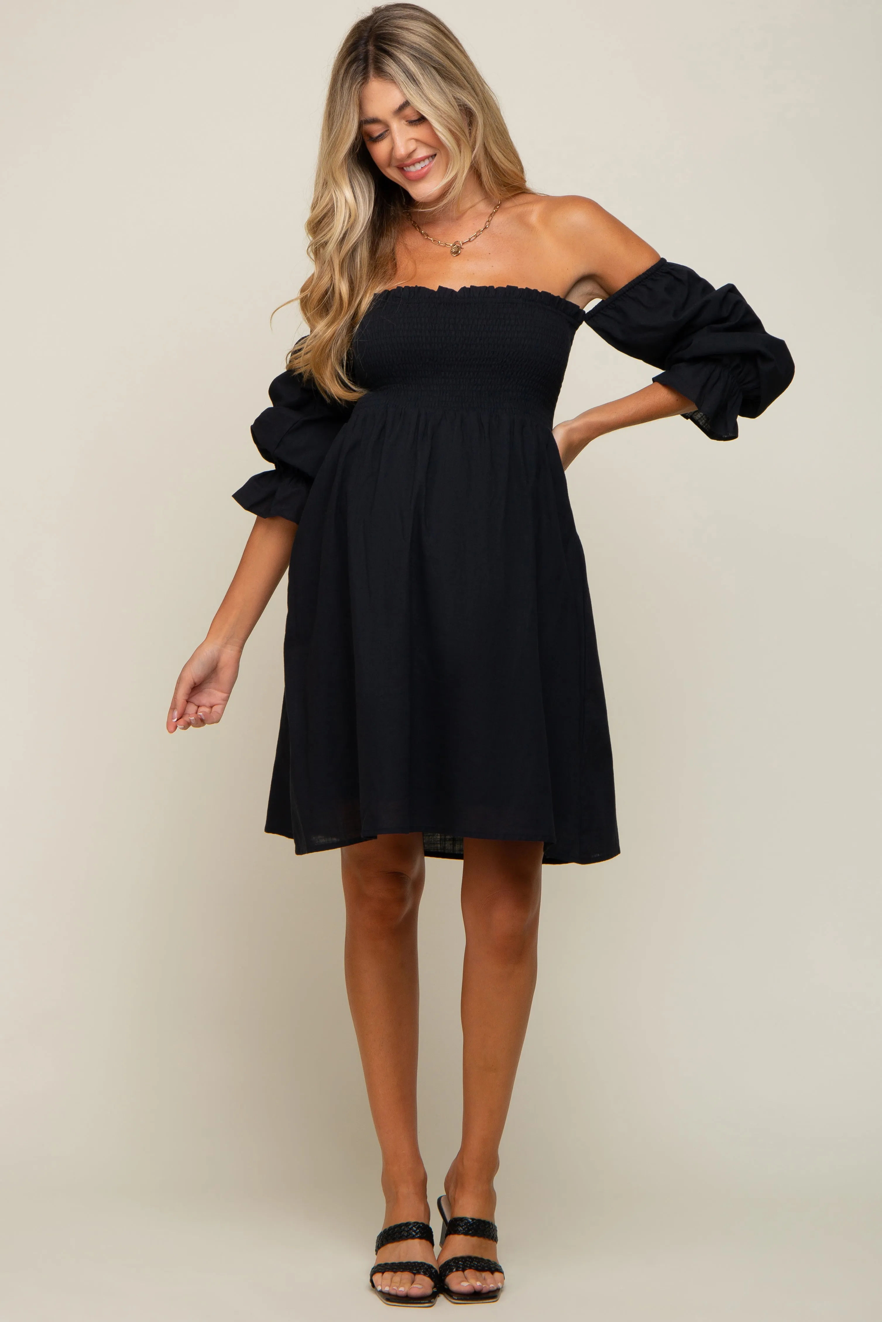 Black Smocked Off Shoulder Long Sleeve Maternity Dress sold by Pinkblush product image thumbnail 5