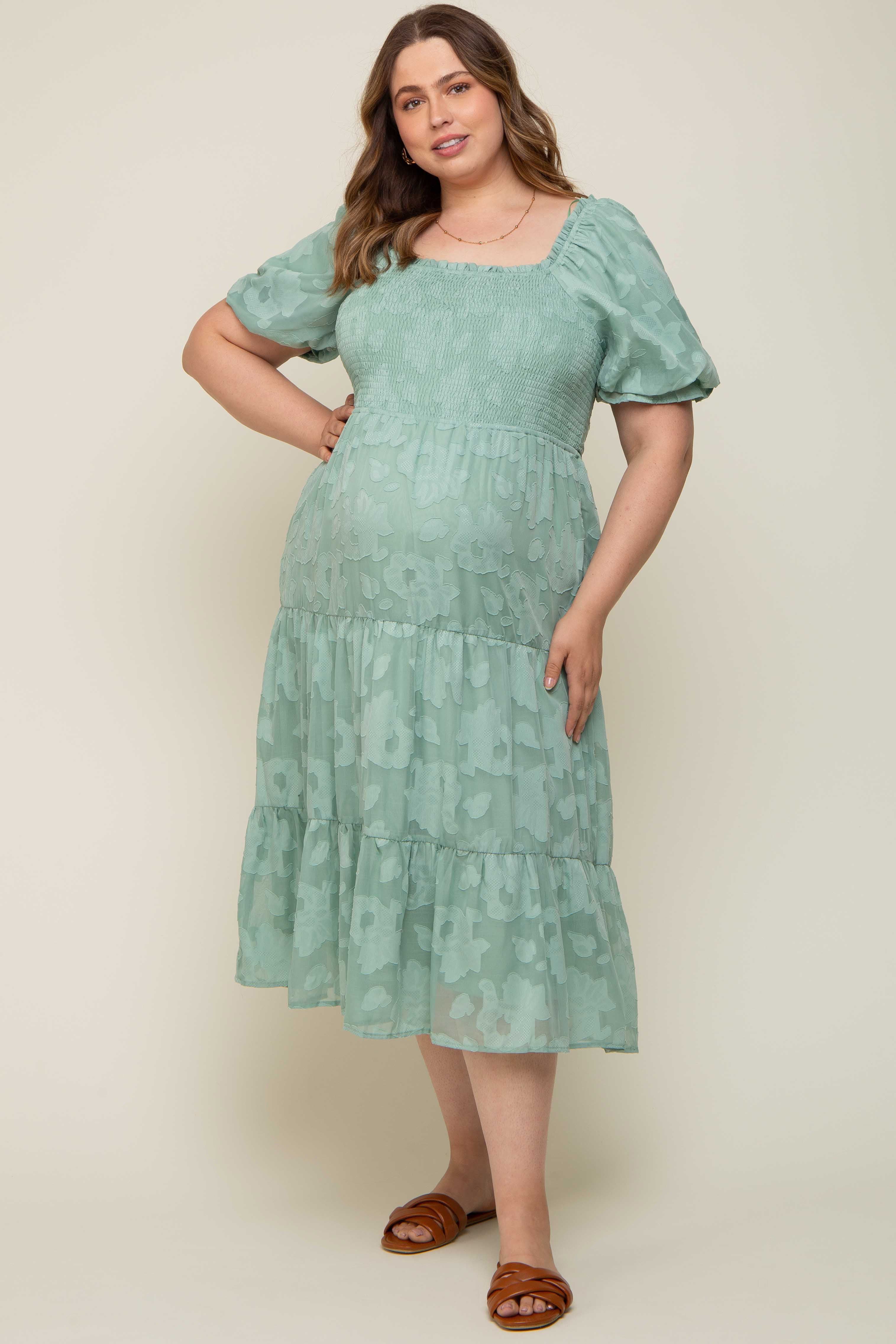 Mint Green Floral Textured Tiered Maternity Plus Midi Dress sold by Pinkblush product image thumbnail 5