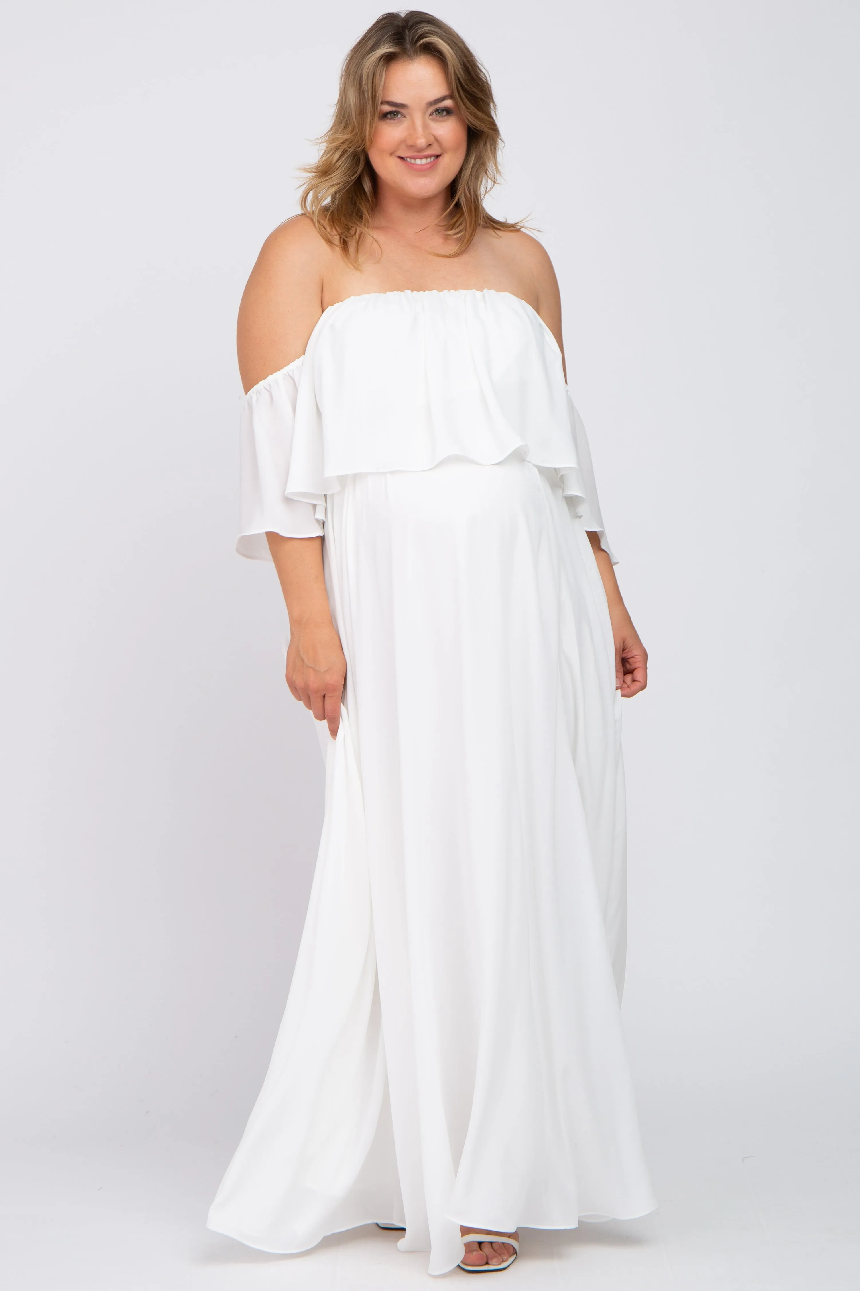 White Chiffon Off Shoulder Maternity Plus Gown sold by Pinkblush
