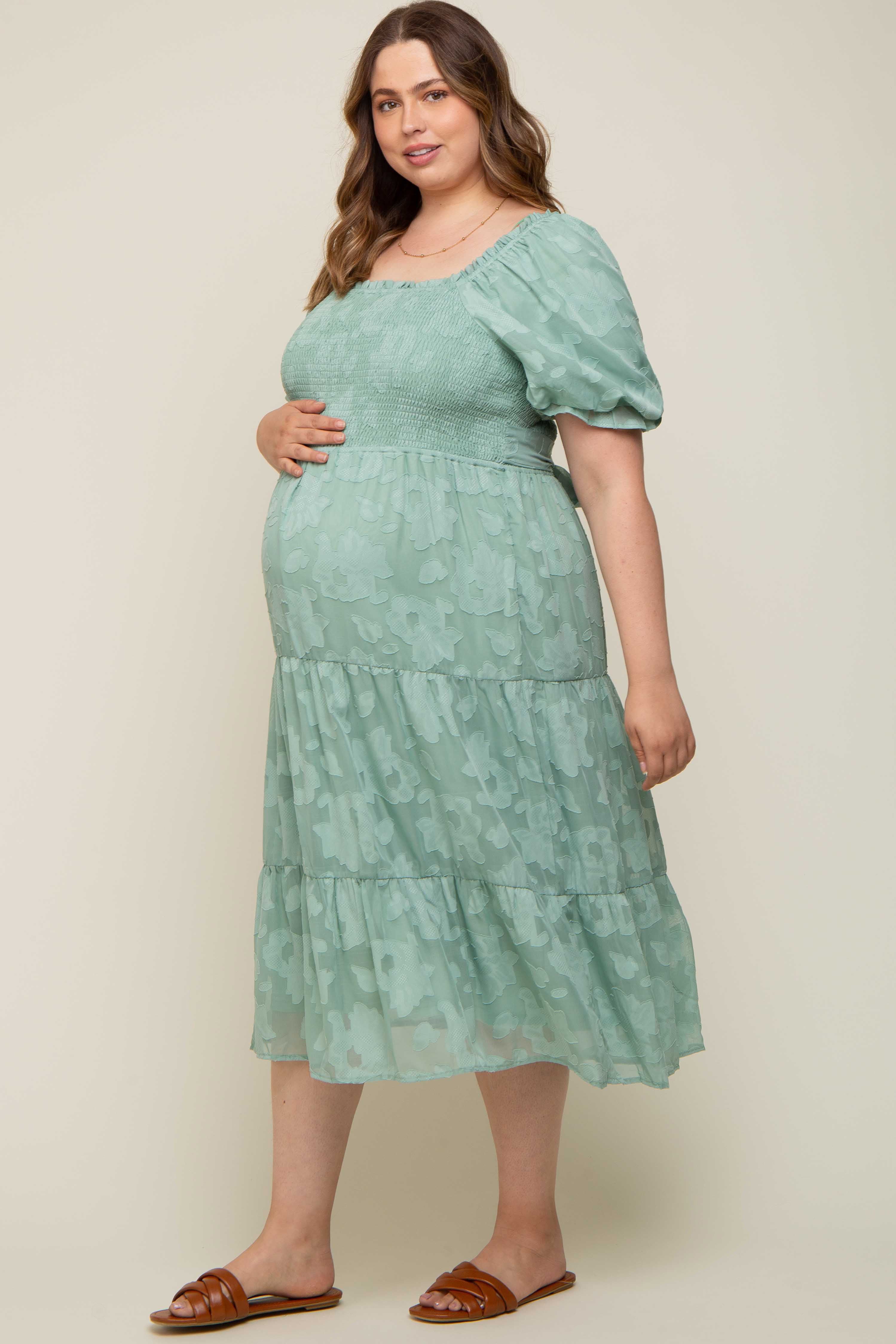 Mint Green Floral Textured Tiered Maternity Plus Midi Dress sold by Pinkblush product image thumbnail 2