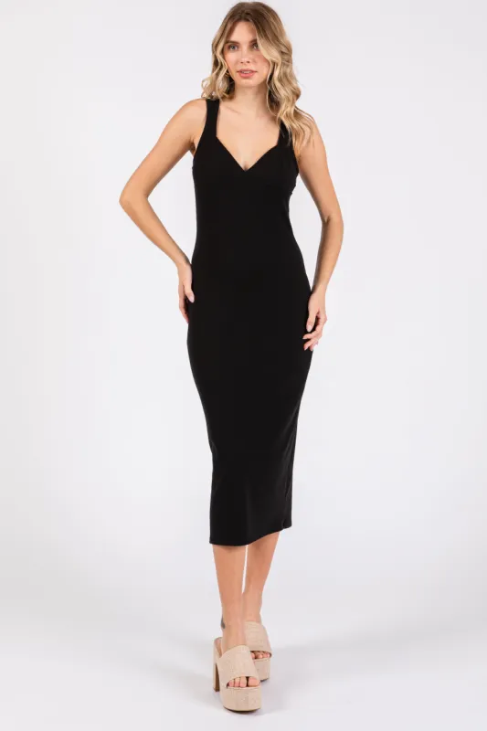 Black Ribbed Sweetheart Neck Midi Dress sold by Pinkblush