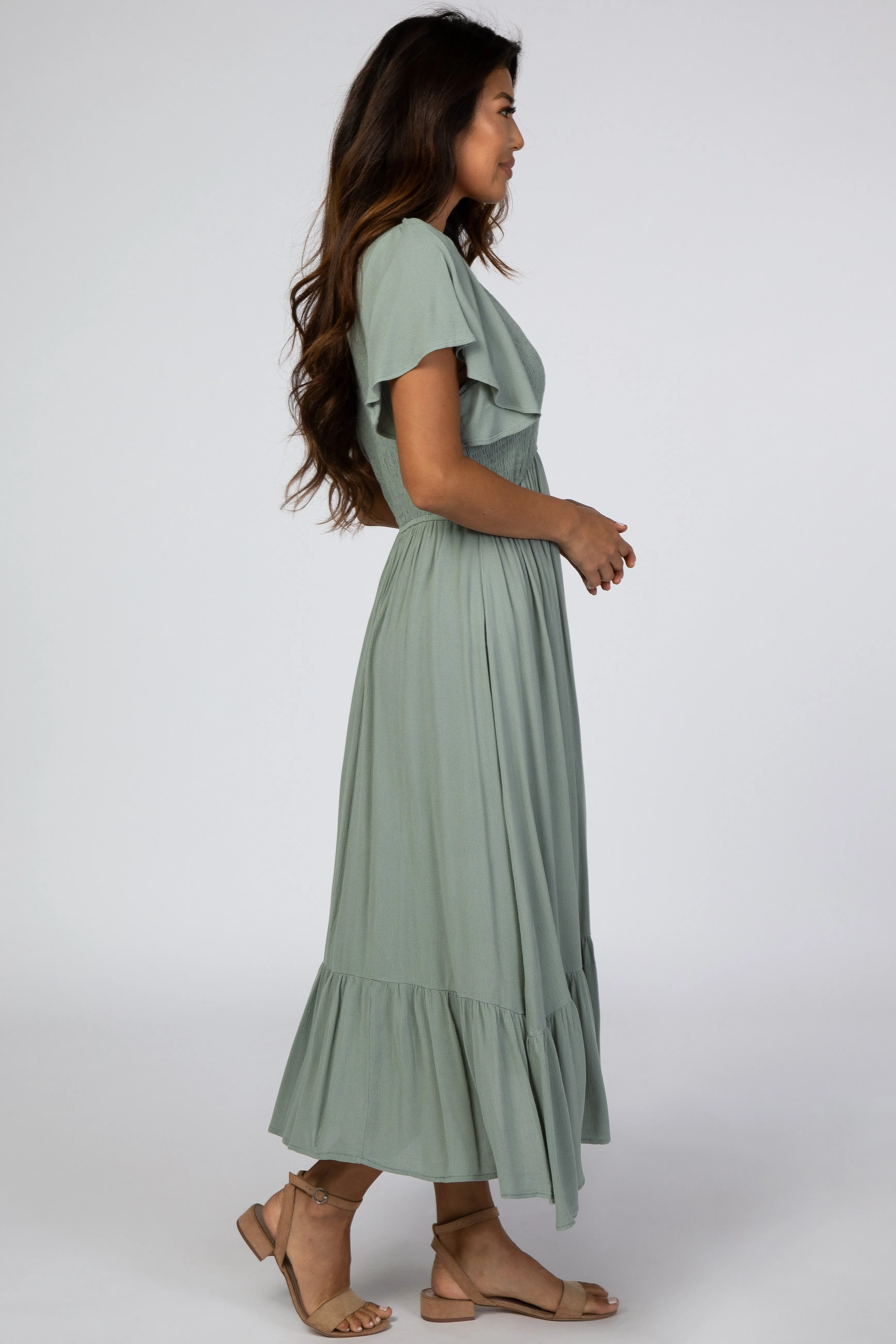 Light Olive Smocked V-Neck Midi Dress sold by Pinkblush product image thumbnail 2