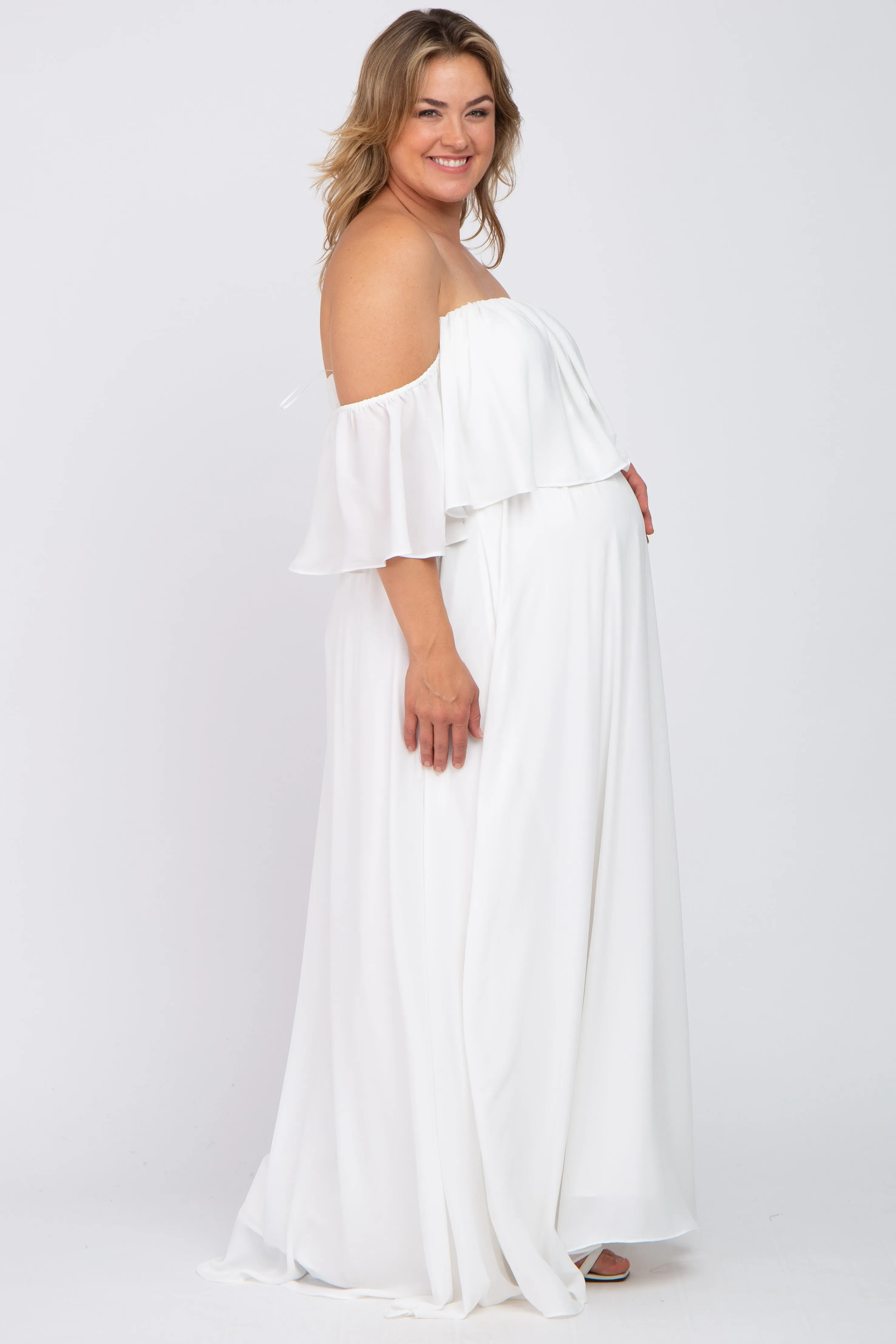 White Chiffon Off Shoulder Maternity Plus Gown sold by Pinkblush product image thumbnail 2