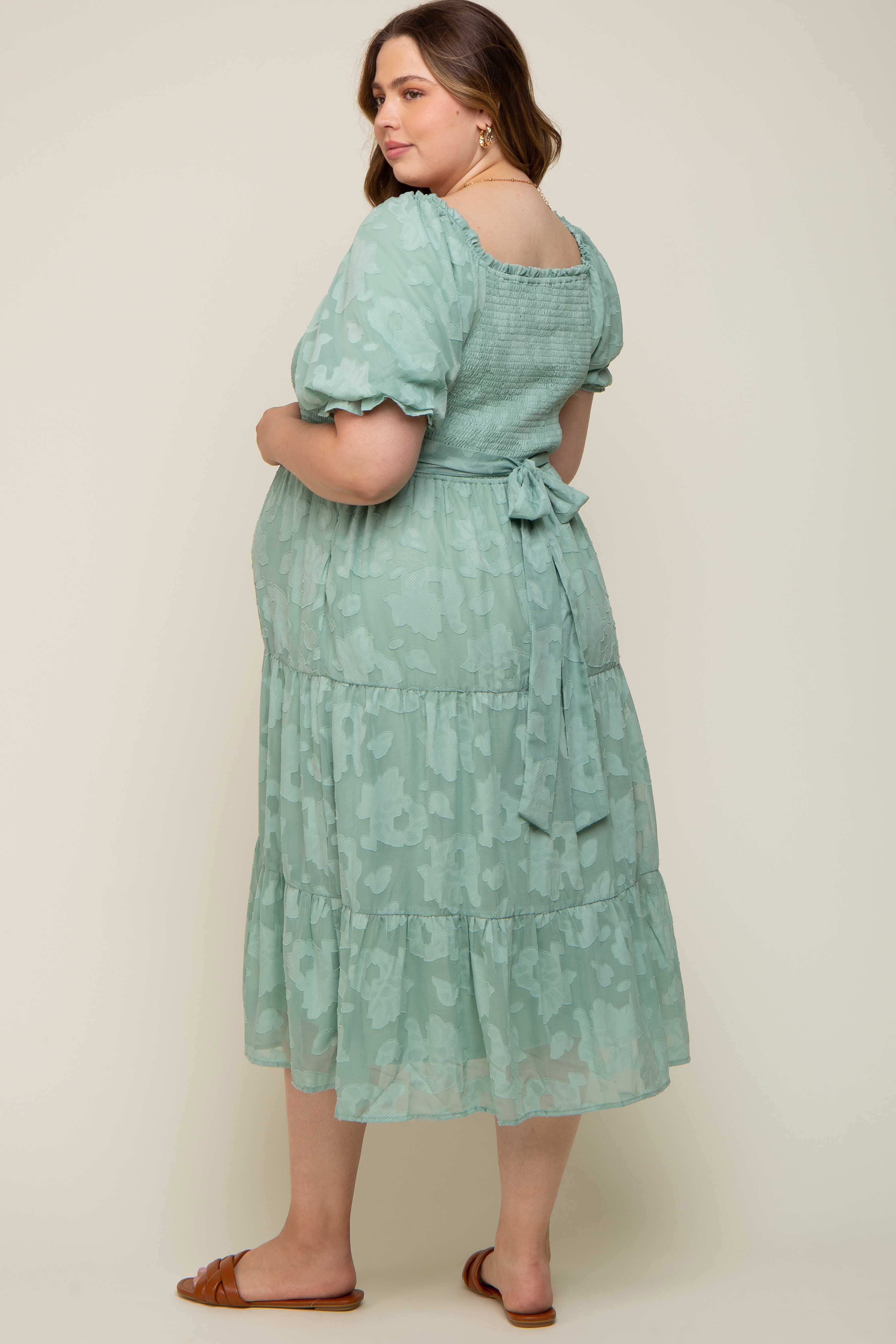 Mint Green Floral Textured Tiered Maternity Plus Midi Dress sold by Pinkblush product image thumbnail 3