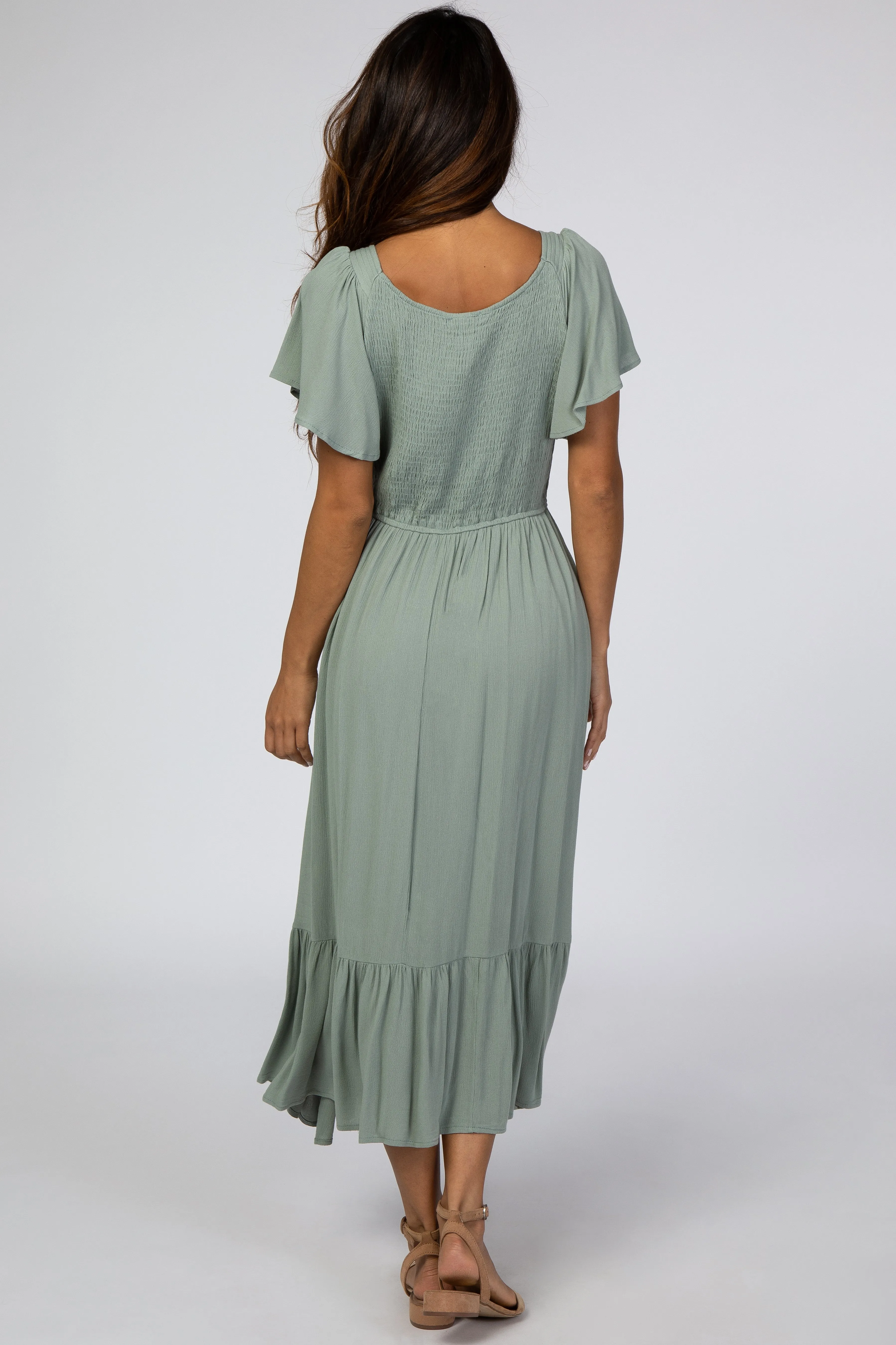 Light Olive Smocked V-Neck Midi Dress sold by Pinkblush product image thumbnail 3