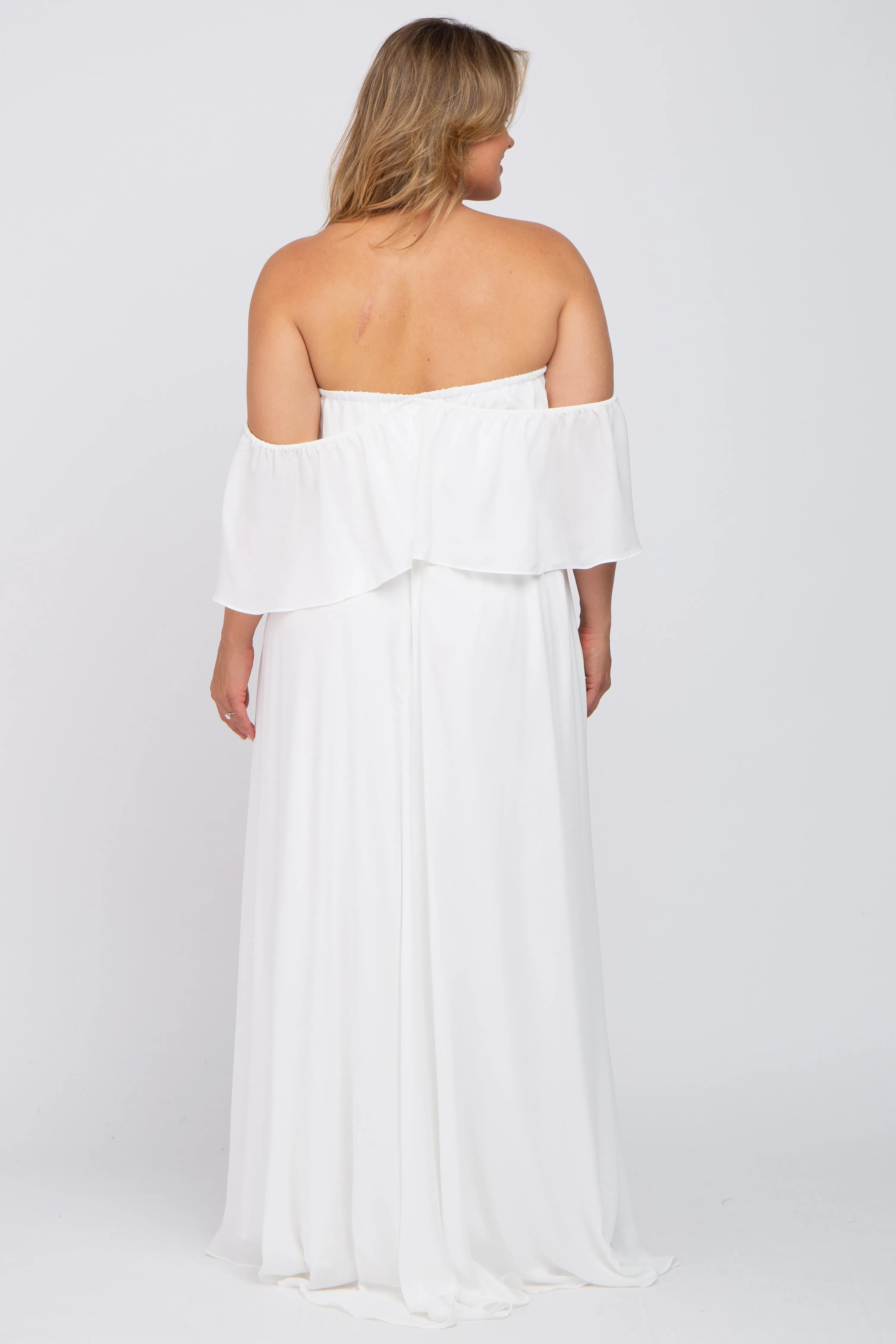 White Chiffon Off Shoulder Maternity Plus Gown sold by Pinkblush product image thumbnail 3