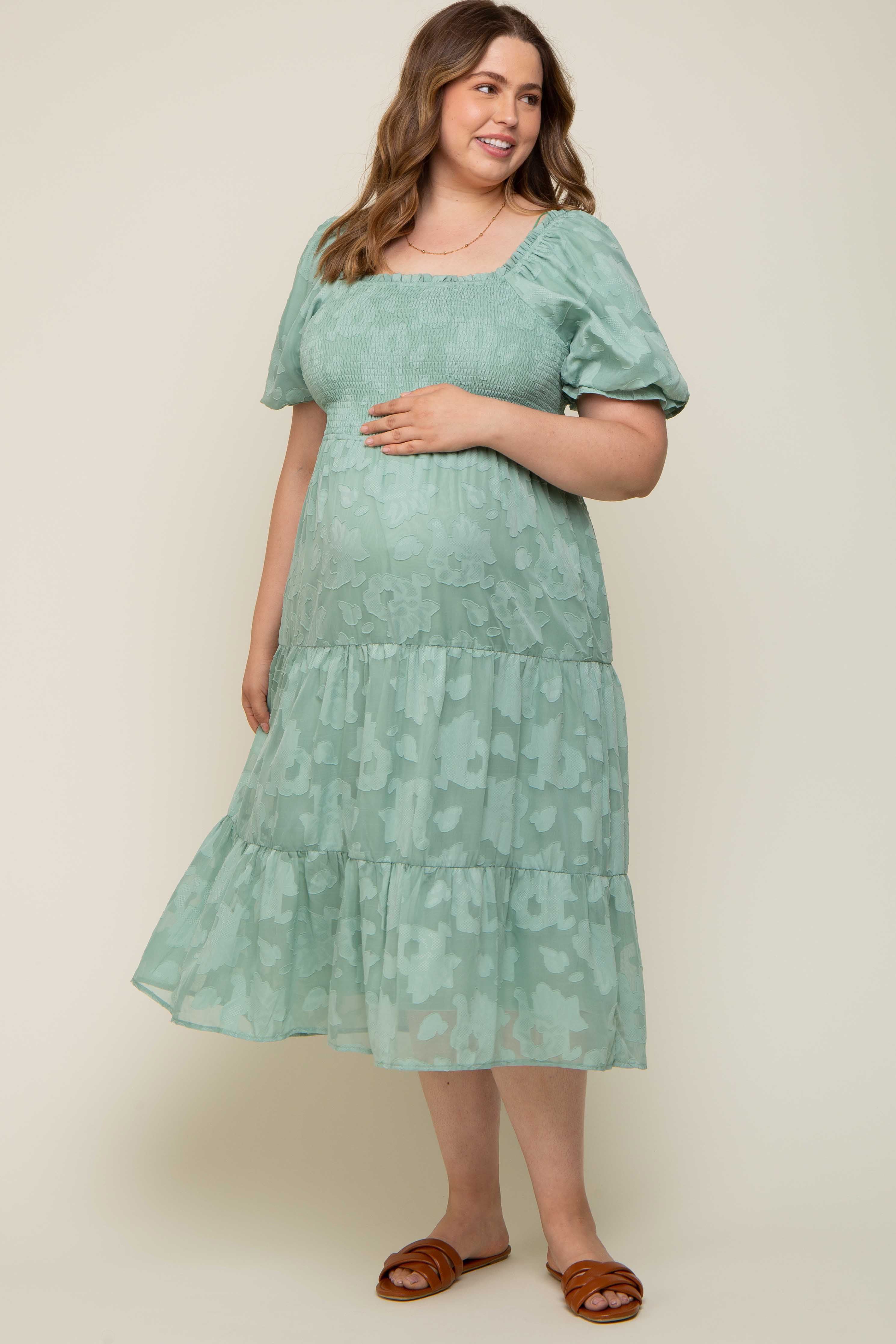 Mint Green Floral Textured Tiered Maternity Plus Midi Dress sold by Pinkblush product image thumbnail 4