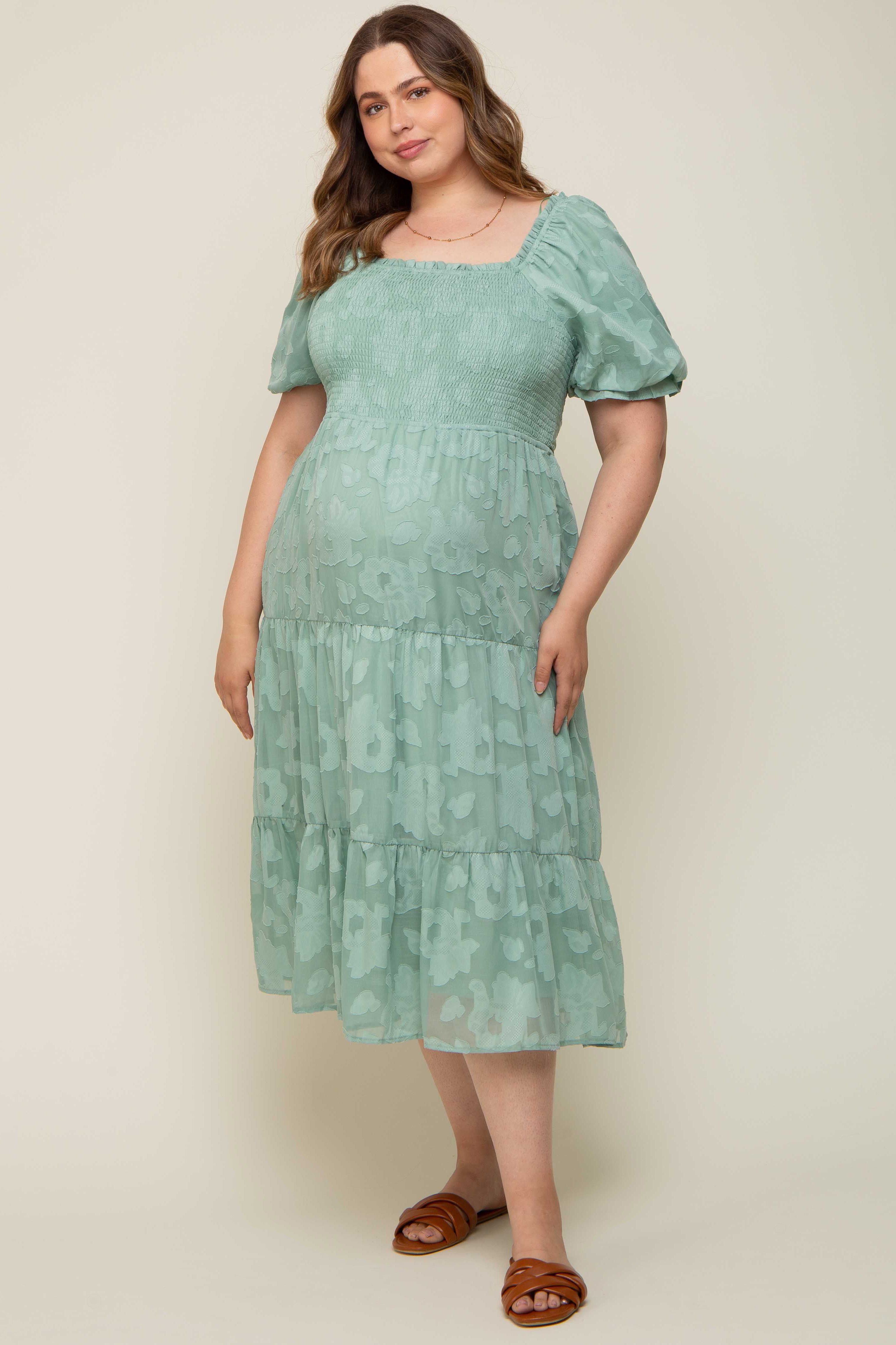 Mint Green Floral Textured Tiered Maternity Plus Midi Dress sold by Pinkblush